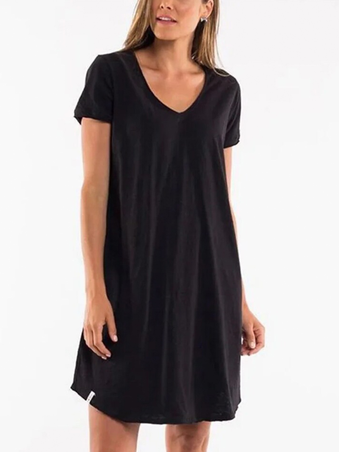 

Styched V-Neck Cotton A-Line Dress, Black