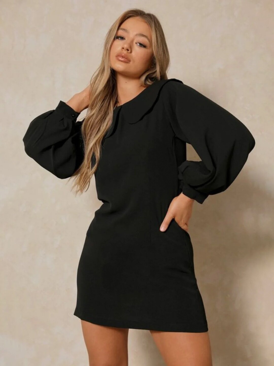 

Styched Peter Pan Collar A-Line Mini Dress, Black