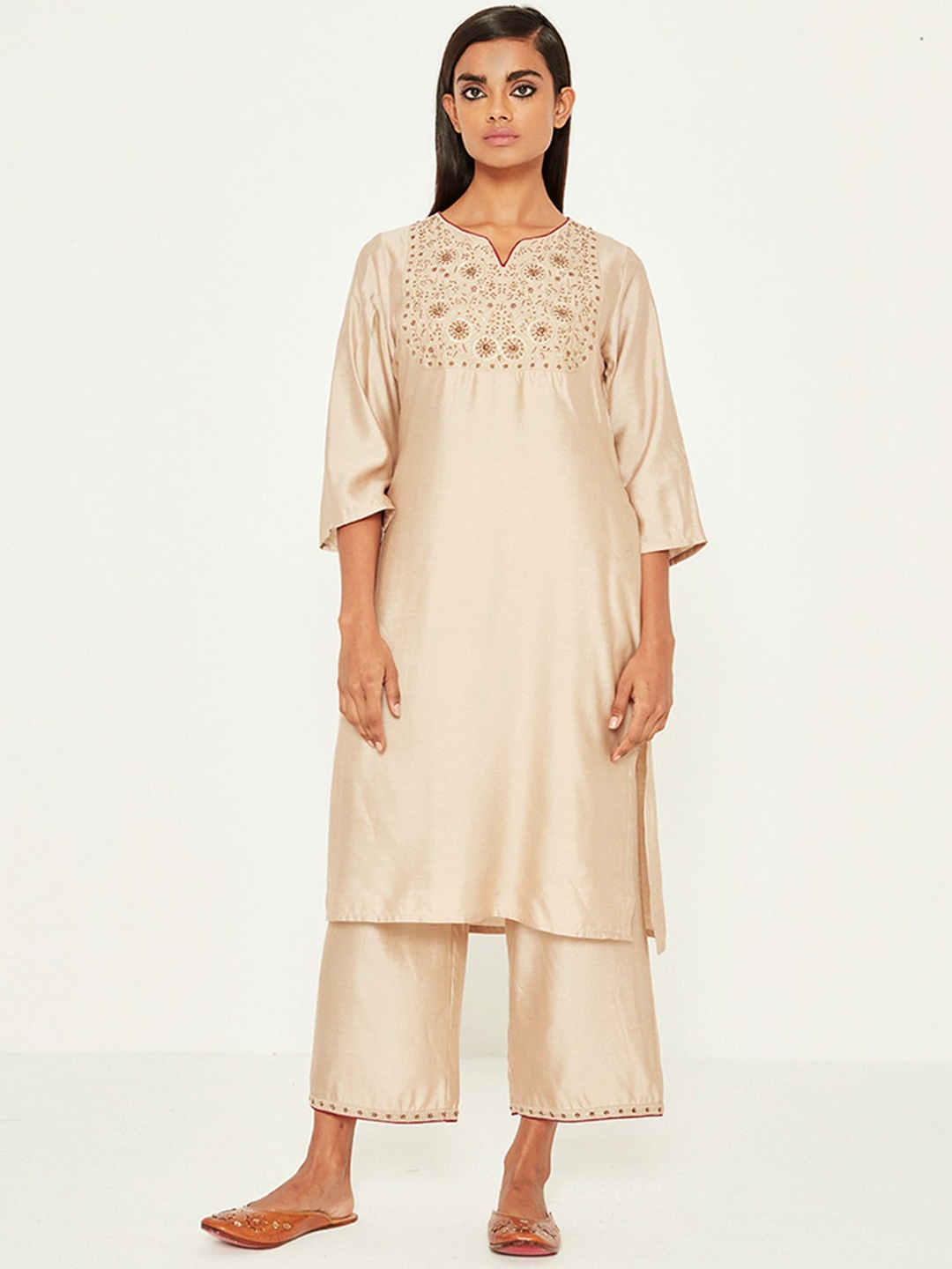 

Ancestry Women Beige Yoke Design Flared Sleeves Thread Work Kurta
