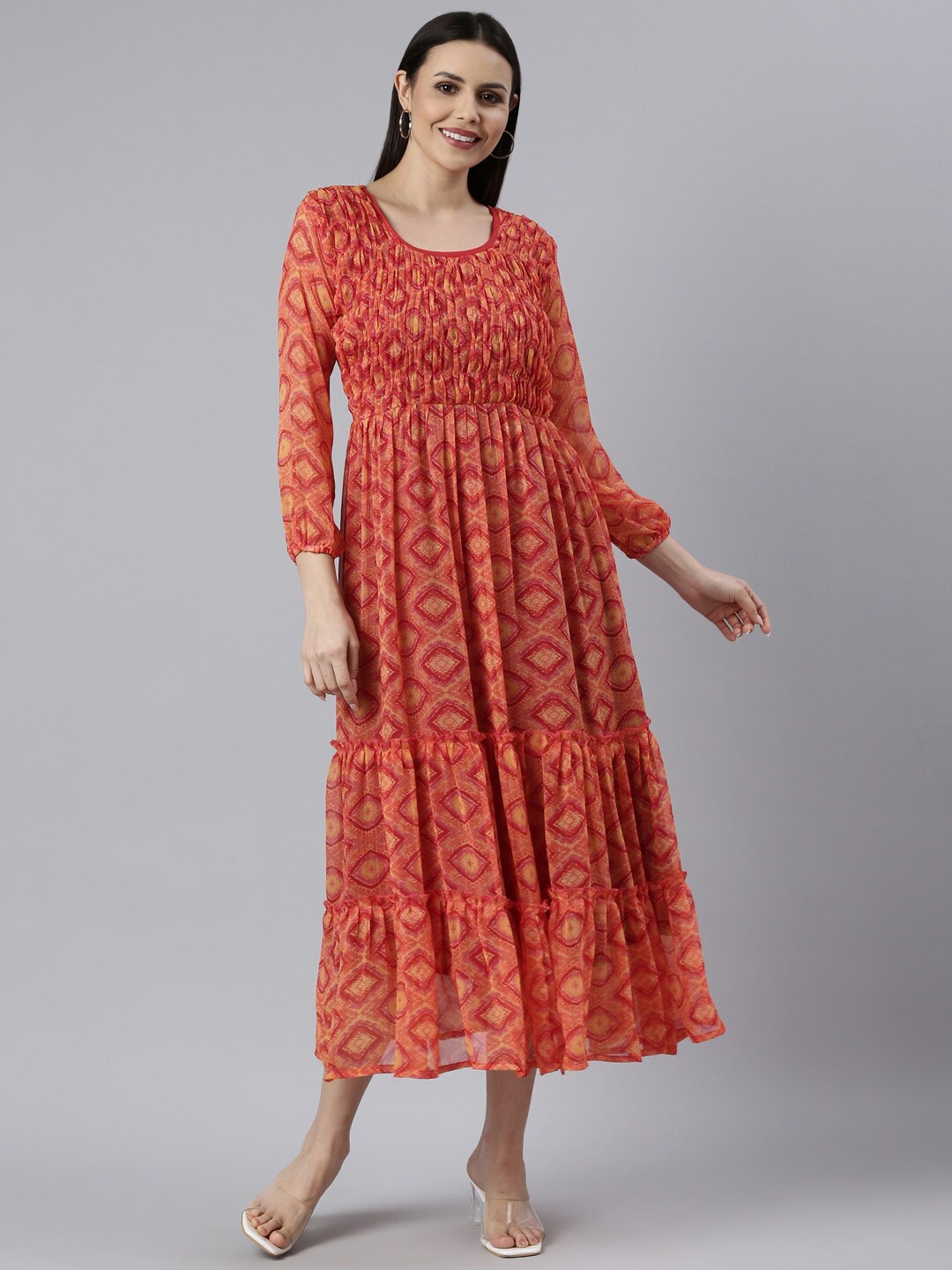 

Souchii Ethnic Motifs Printed Tiered Fit & Flare Midi Dress, Red