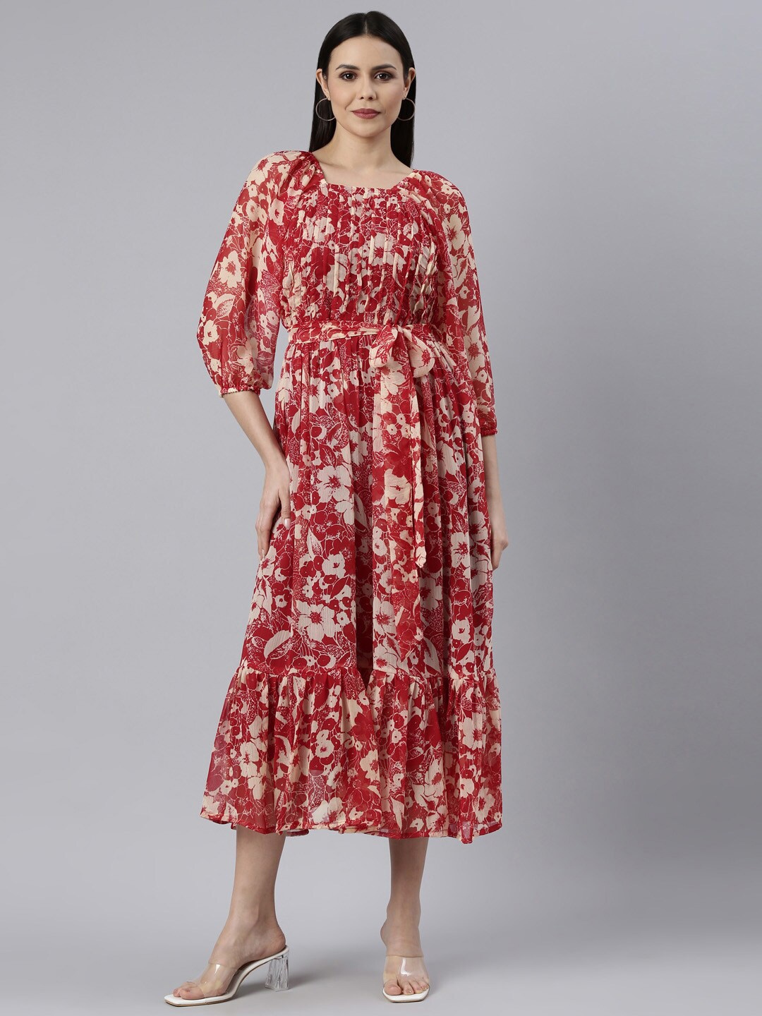 

Souchii Floral Printed Puff Sleeve A-Line Midi Dress, Red