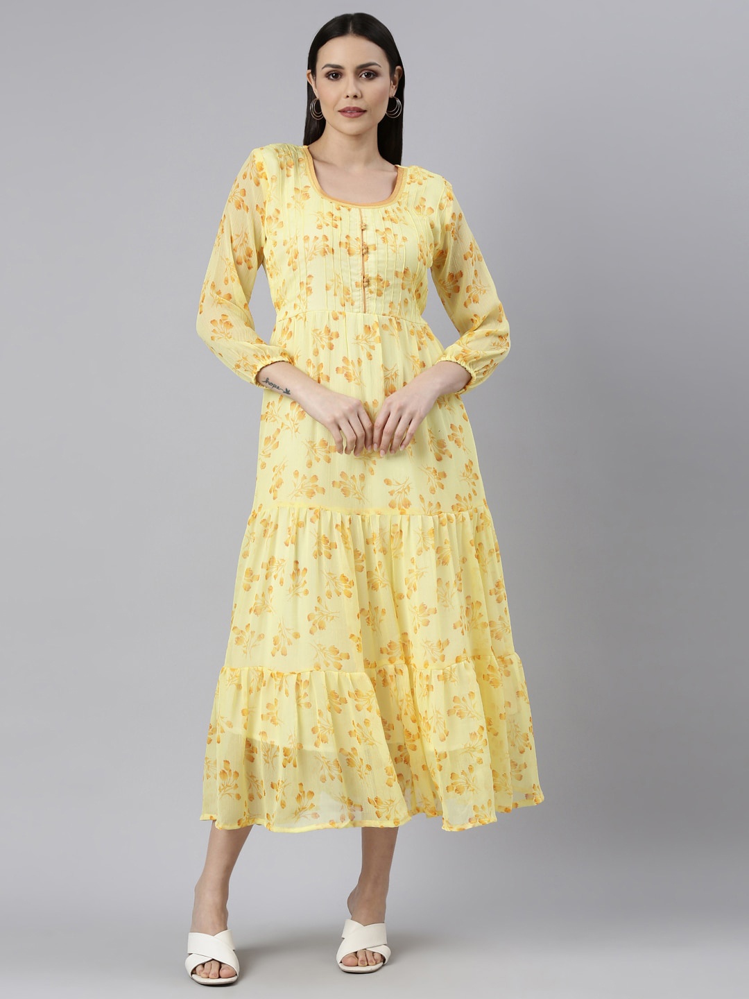 

Souchii Floral Printed Tiered Square Neck A-Line Dress, Yellow