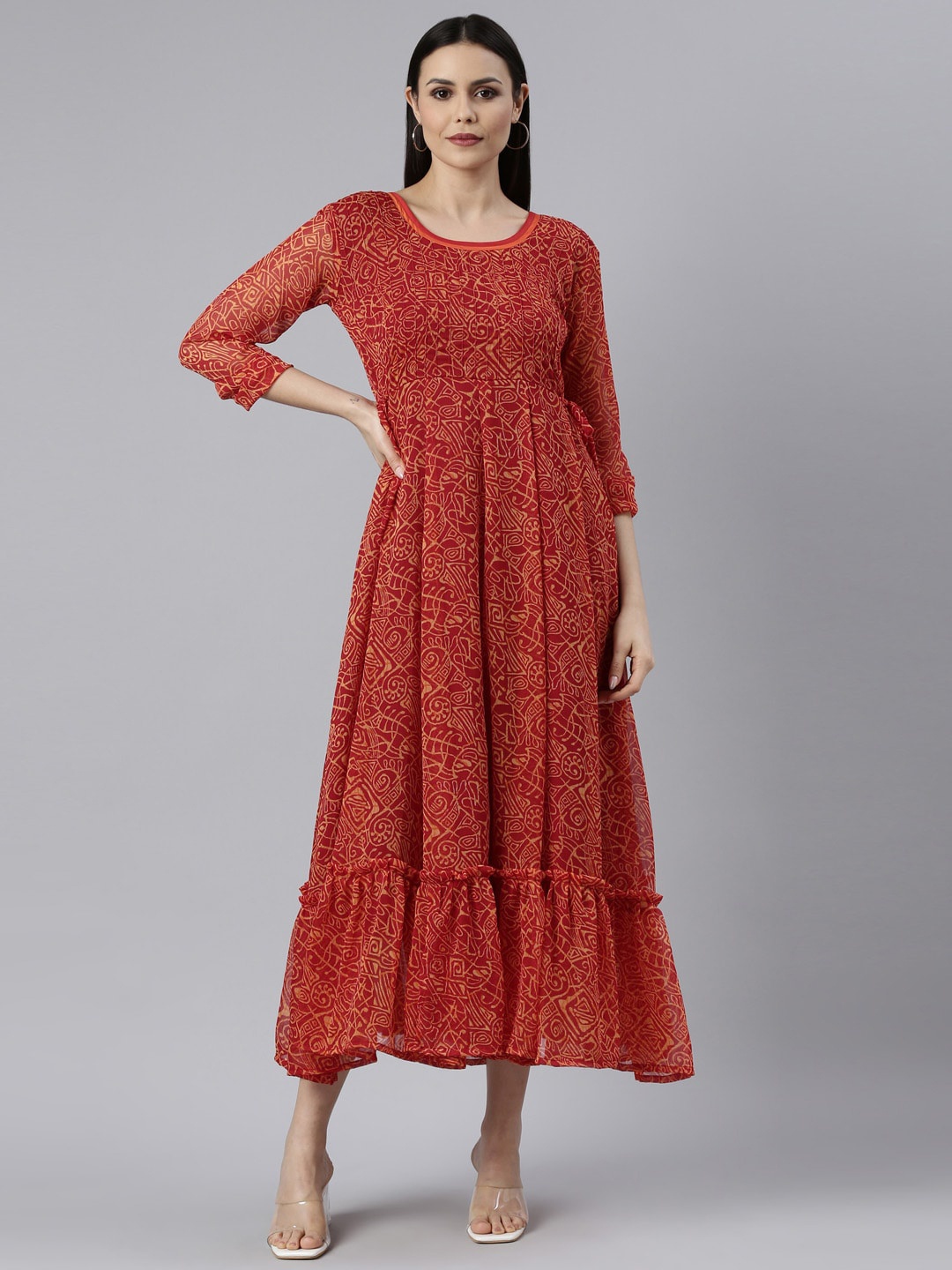 

Souchii Abstract Printed Round Neck Fit & Flare Dress, Red