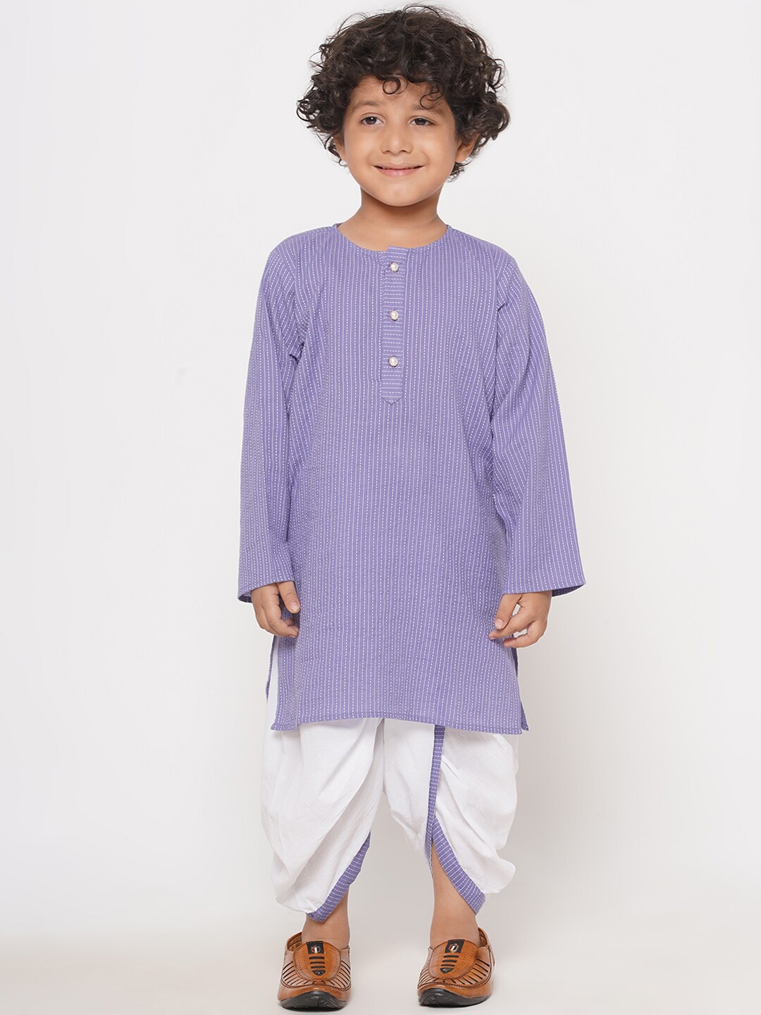 

Little Bansi Boys Striped Thread Work Pure Cotton Kurta with Dhoti Pants, Purple