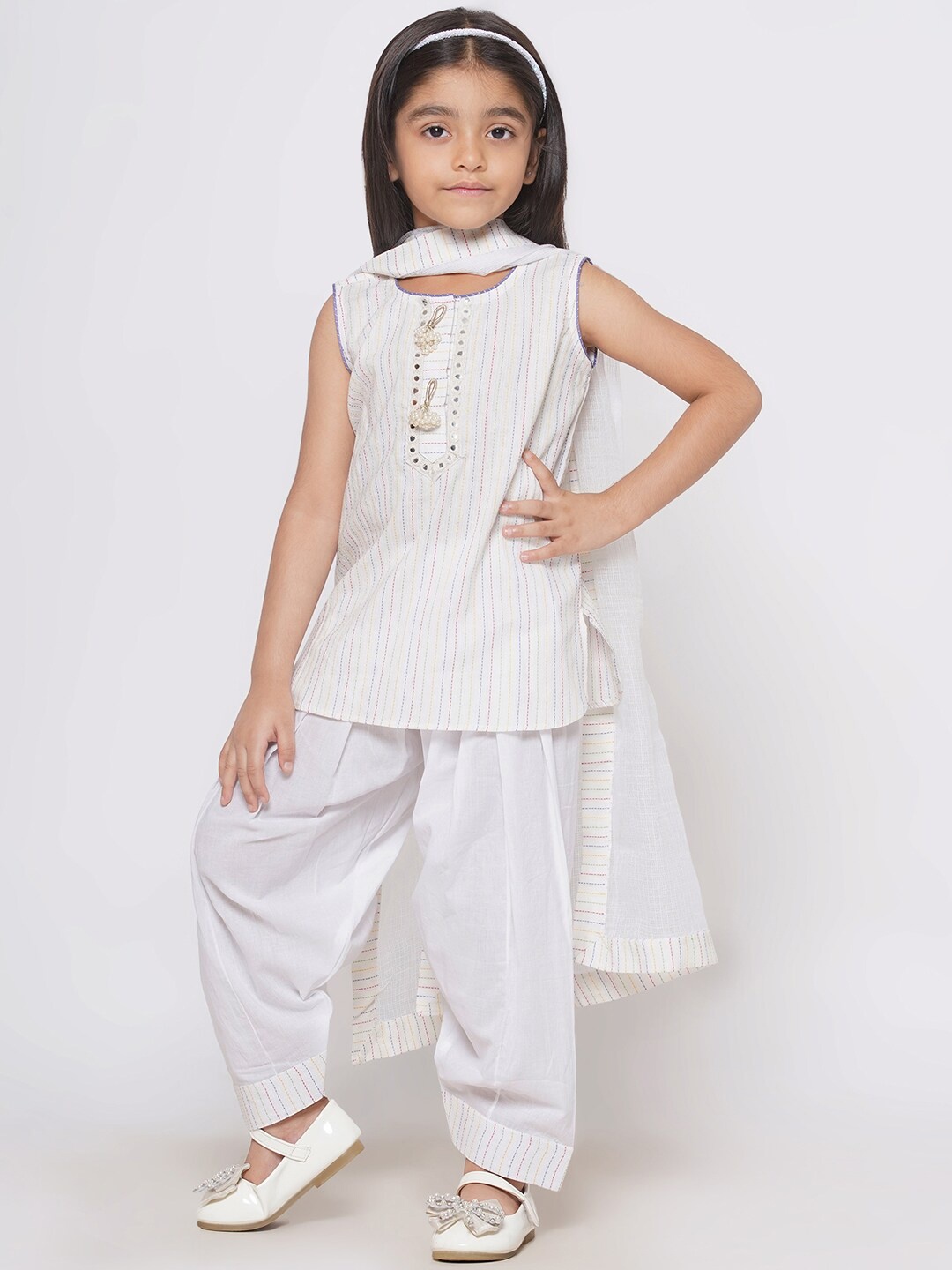 

Little Bansi Girls Striped Pure Cotton Kurta & Salwar With Dupatta, White