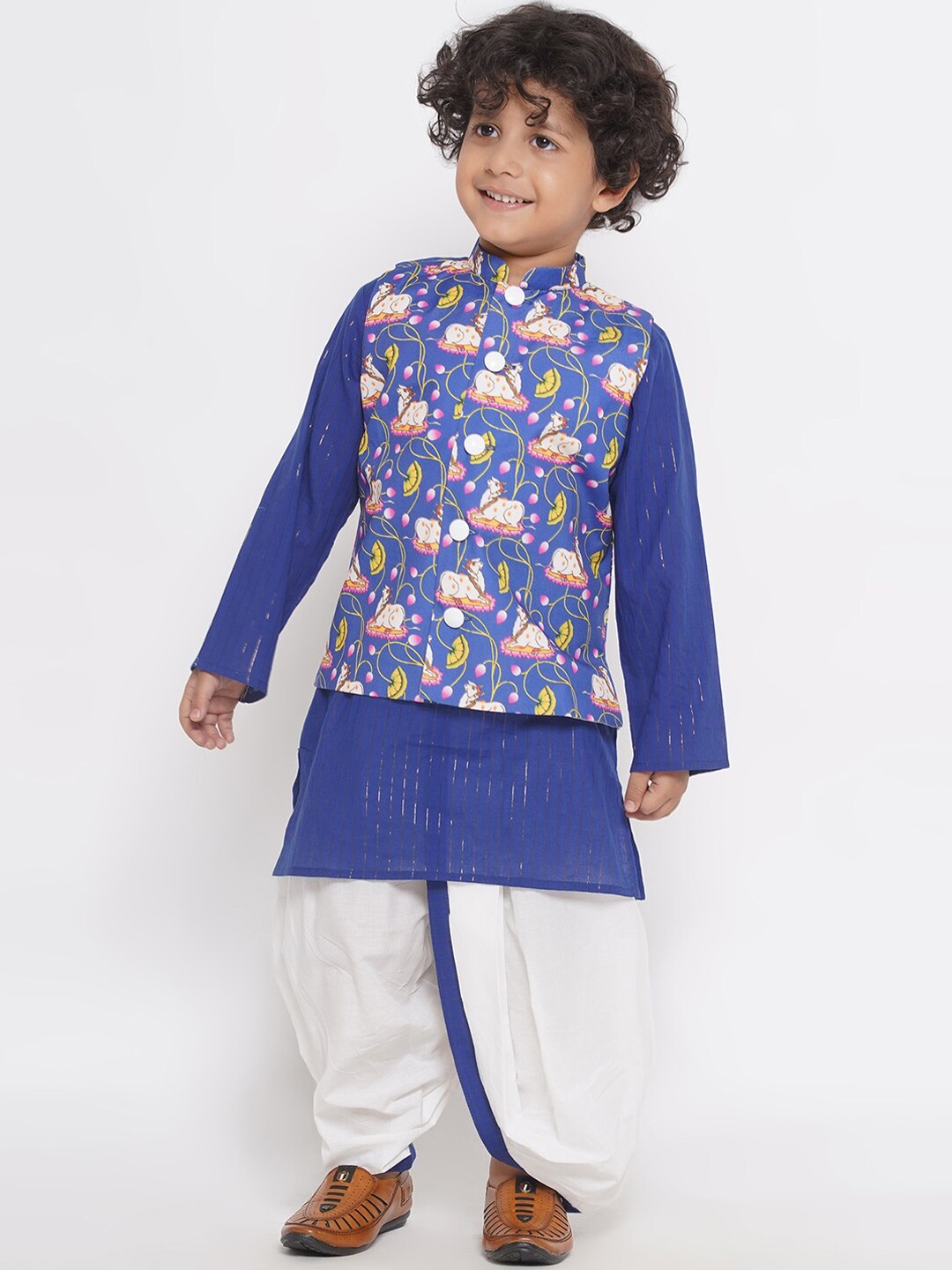 

Little Bansi Boys Striped Long Sleeves Pure Cotton Kurta & Dhoti Pants with Jacket, Blue