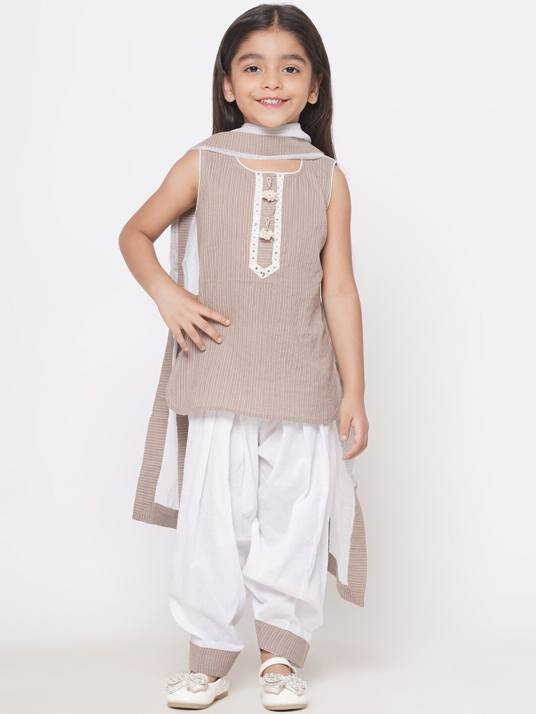 

Little Bansi Girls Striped Mirror Work Pure Cotton Kurti with Salwar & With Dupatta, Brown