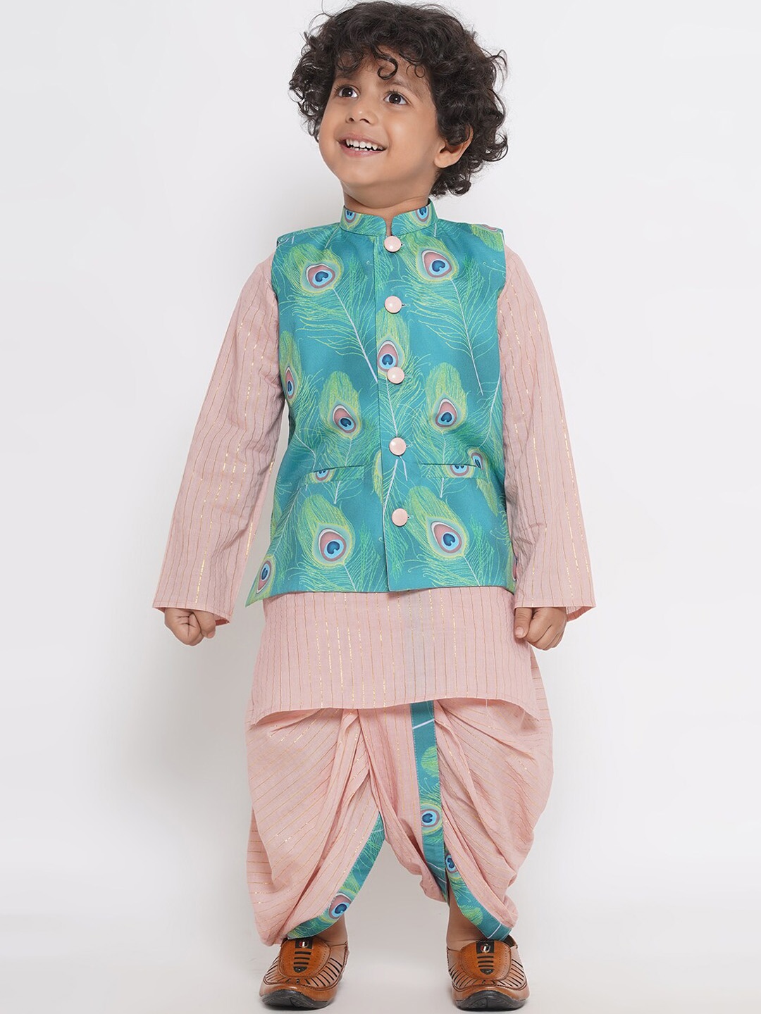 

Little Bansi Boys Striped Regular Pure Cotton Kurta with Dhoti Pants, Peach