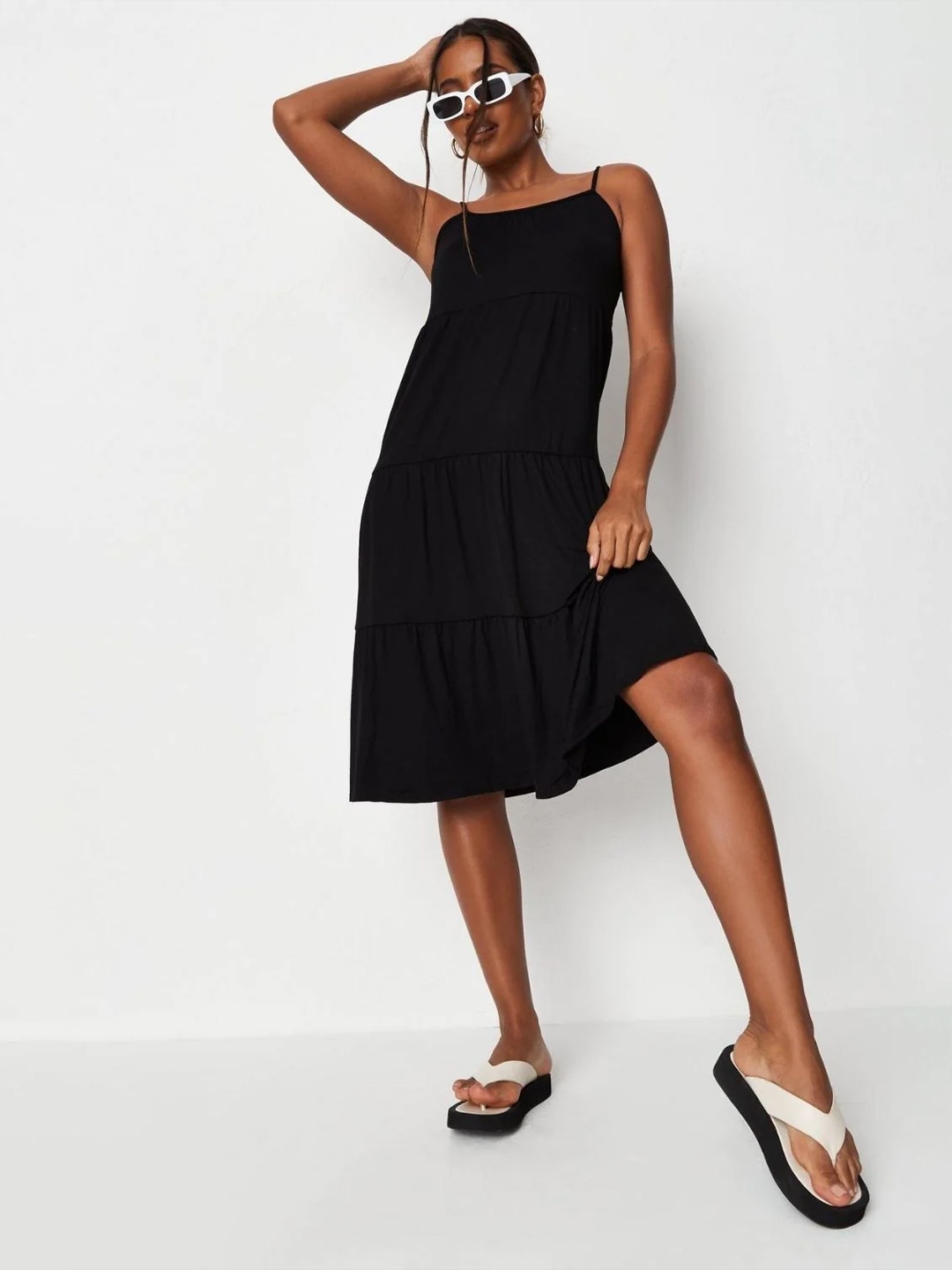 

Styched Tiered Shoulder Strap Fit & Flare Dress, Black