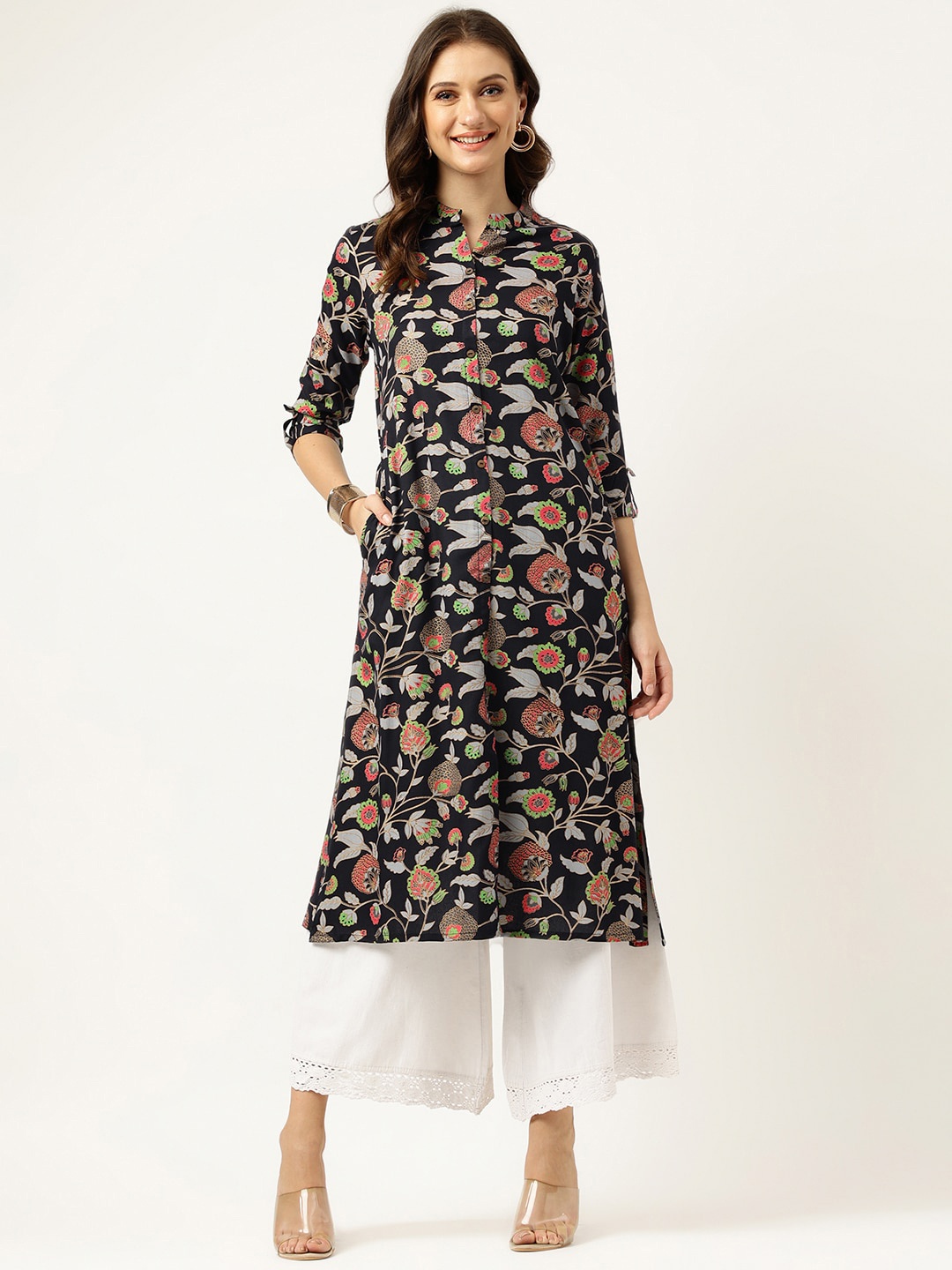 

Ashlee Floral Printed Mandarin Collar Panelled Kurta, Black