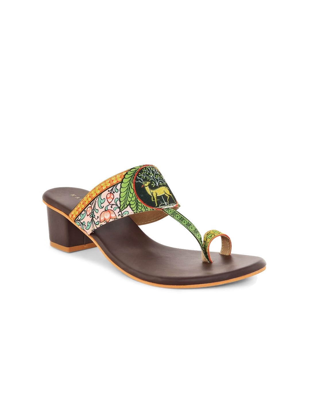

Kanvas Deserted Deer Printed One Toe Block Heels, Black