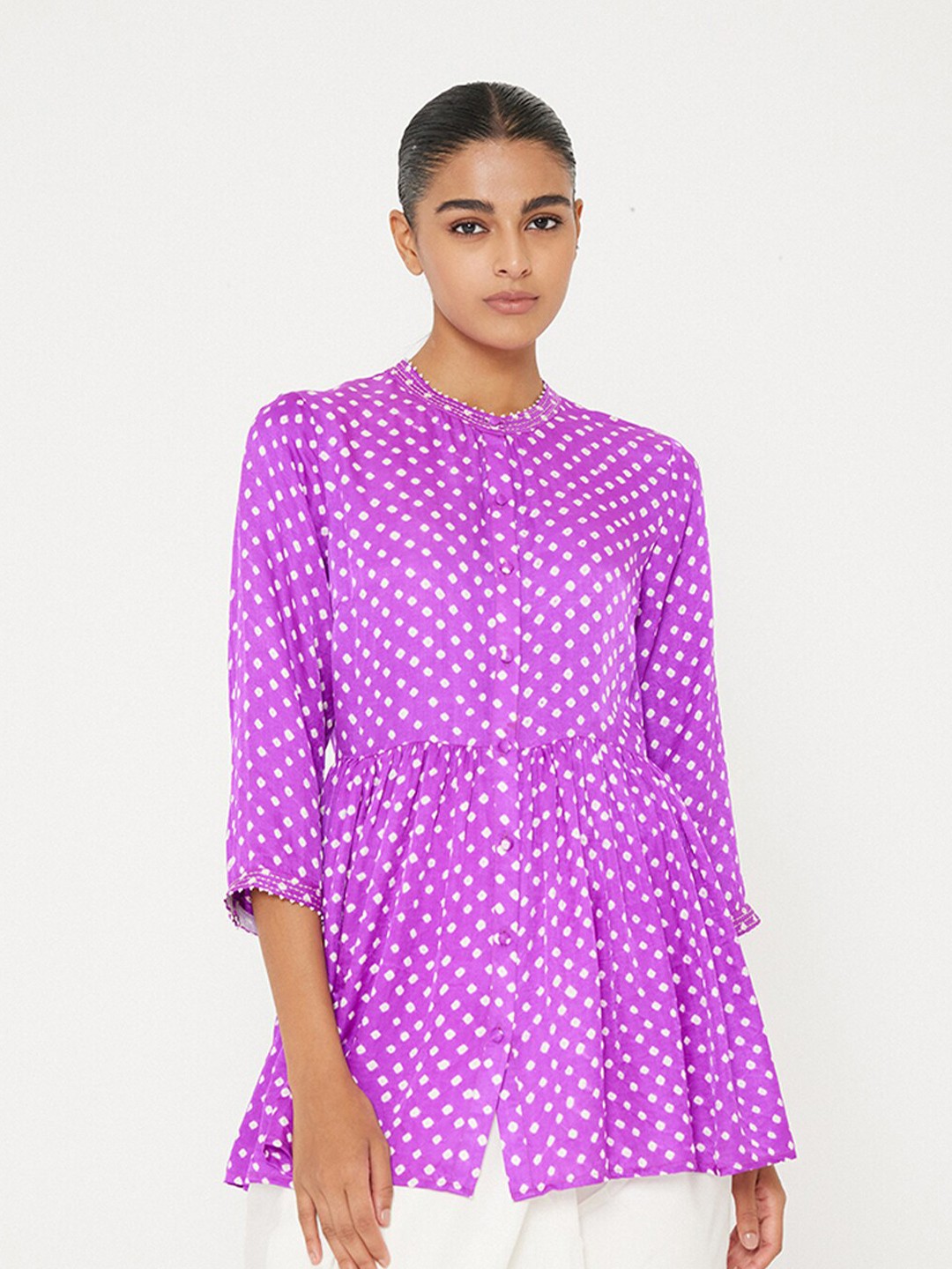 

Ancestry Bandhani Printed Mandarin Collar A-Line Top, Purple