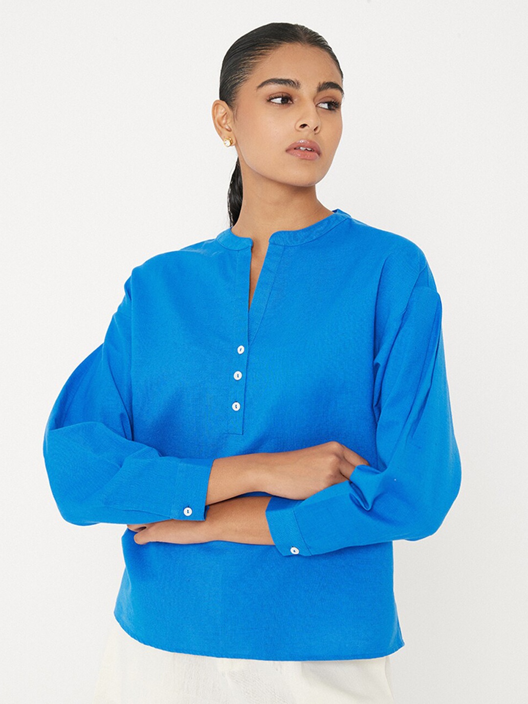 

Ancestry Mandarin Collar Cotton Linen Shirt Style Top, Blue