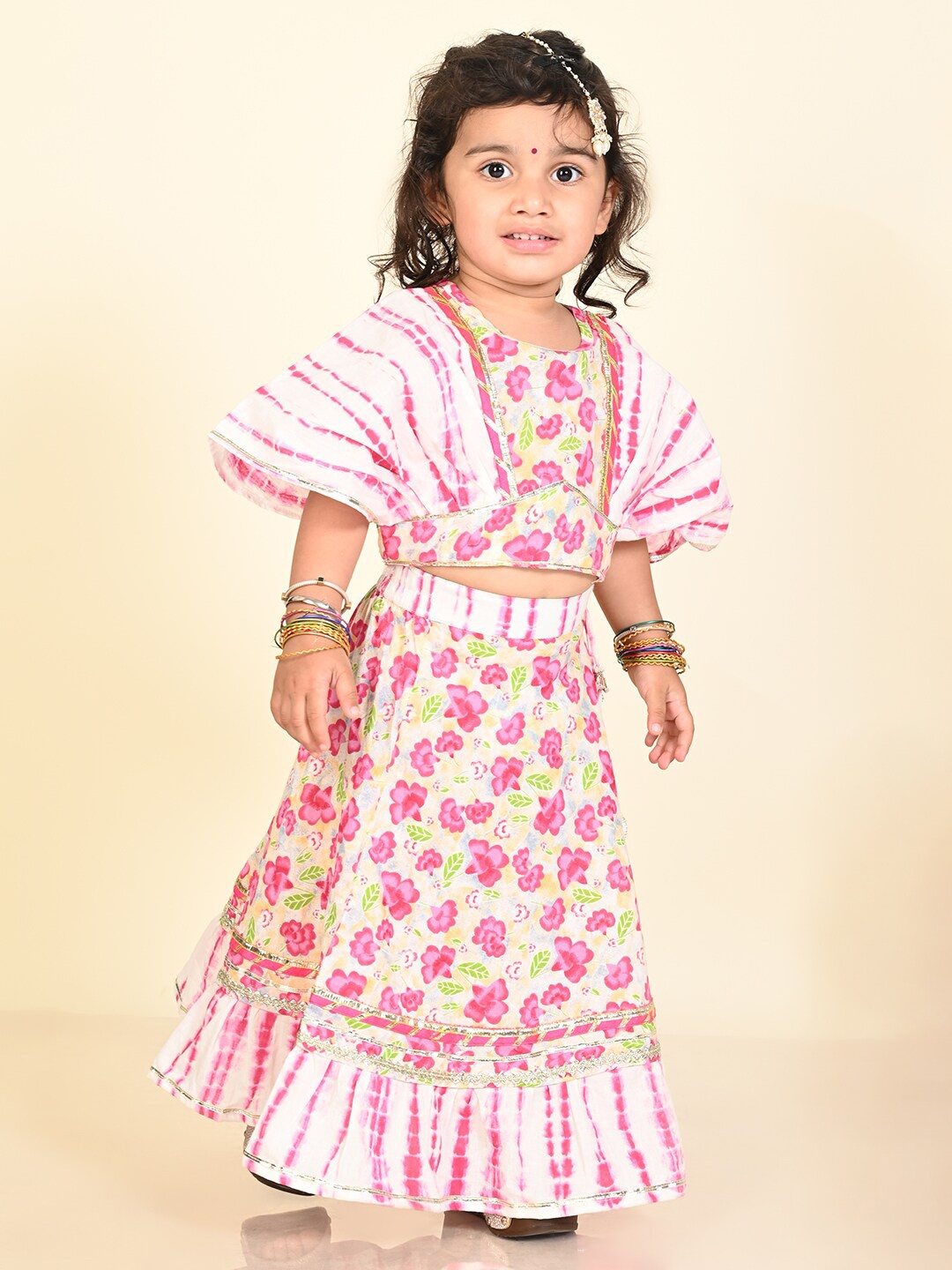 

LIL PITAARA Girls Floral Printed Ready to Wear Cotton Lehenga Choli, White