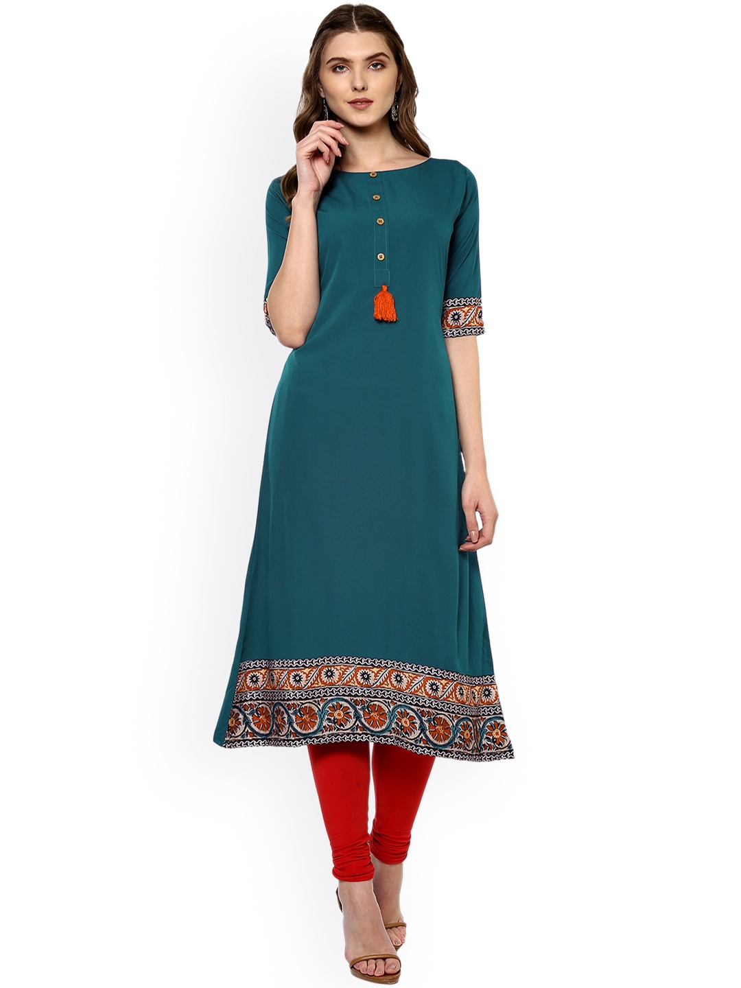 

Janasya Women Turquoise Blue Printed A-Line Kurta