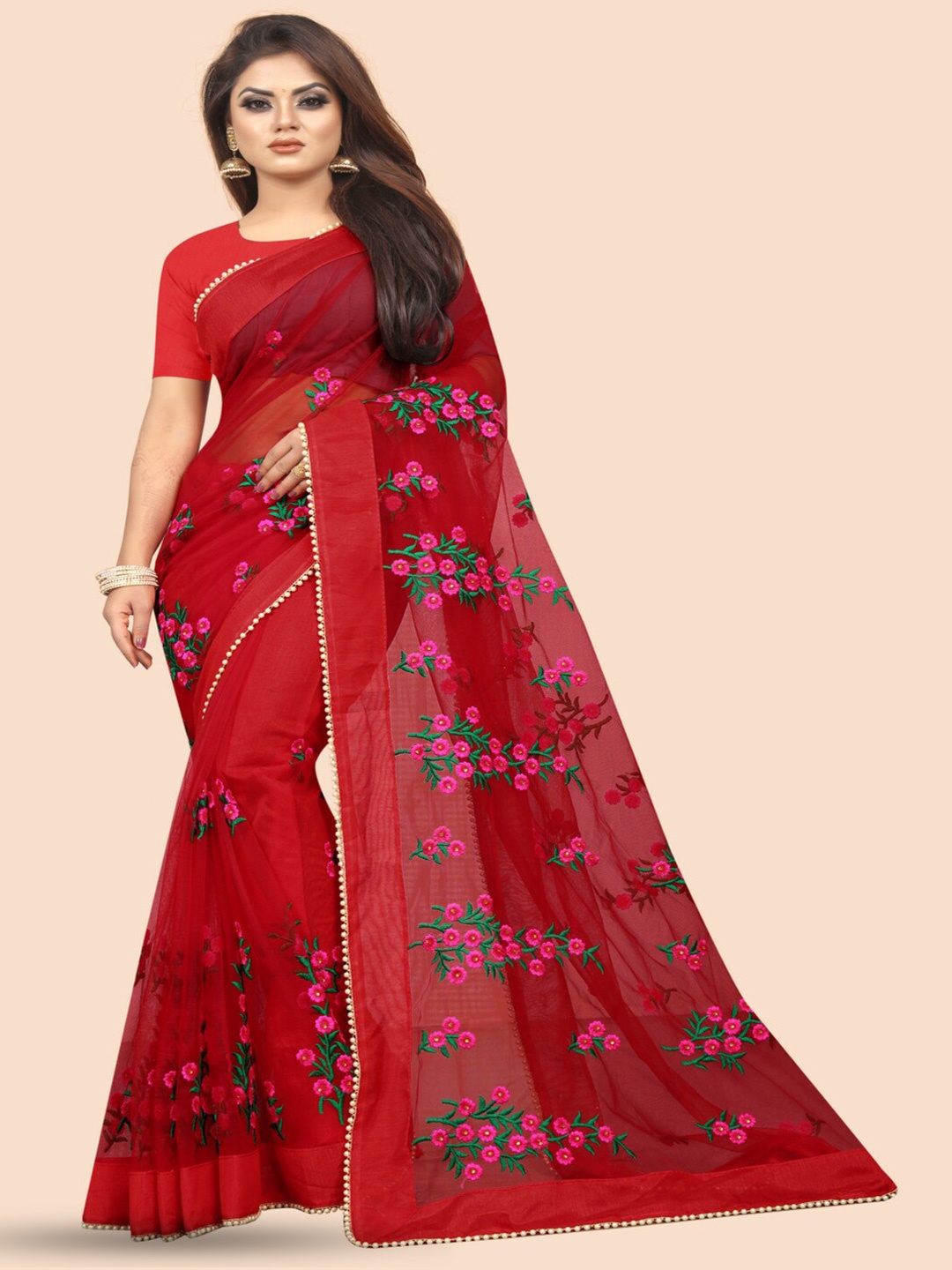 

GOROLY Red & Pink Floral Beads and Stones Net Saree