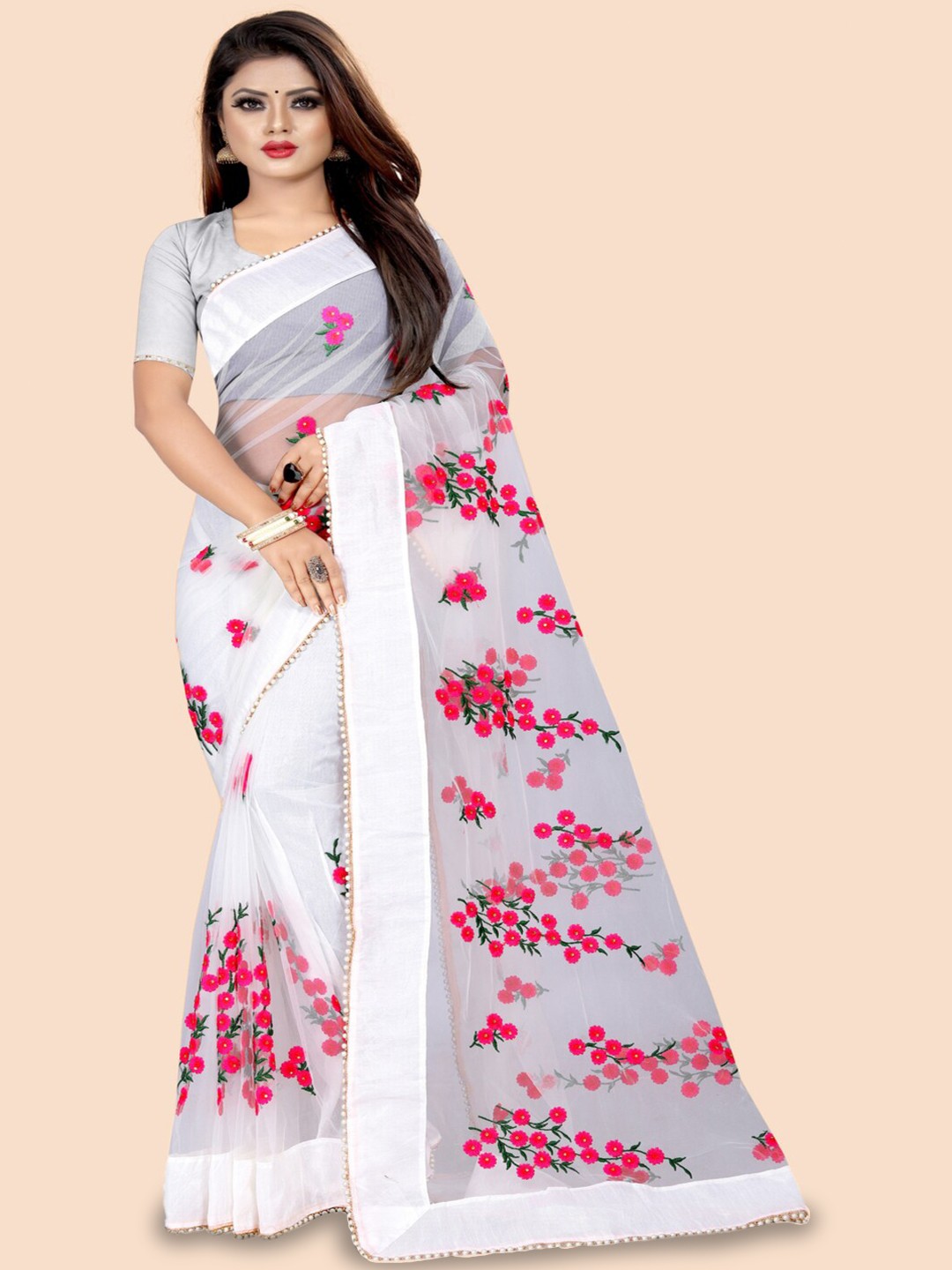 

GOROLY White & Pink Floral Beads and Stones Net Saree