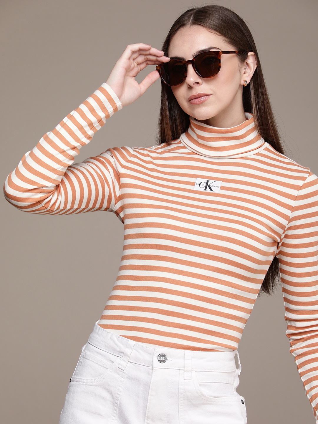 

Calvin Klein Jeans Striped Pure Cotton High-Neck Top, Orange