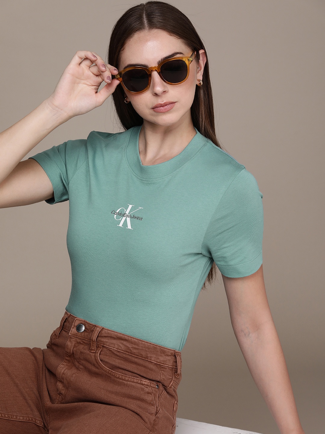 

Calvin Klein Jeans Brand Logo Printed & Embroidered Pure Cotton Slim Fit T-shirt, Green