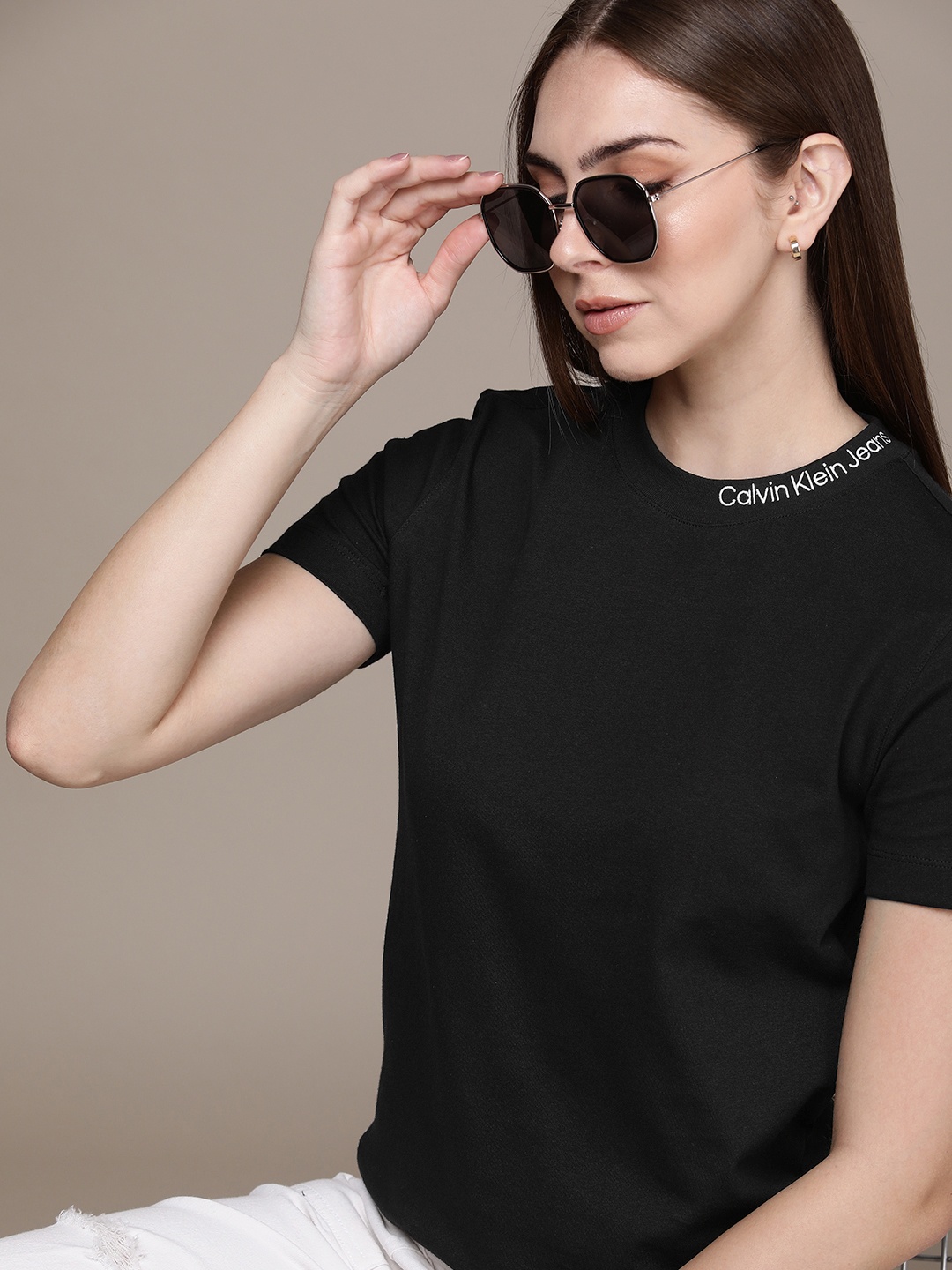 

Calvin Klein Jeans Brand Logo Embroidered Neckline Pure Cotton Slim Fit T-shirt, Black
