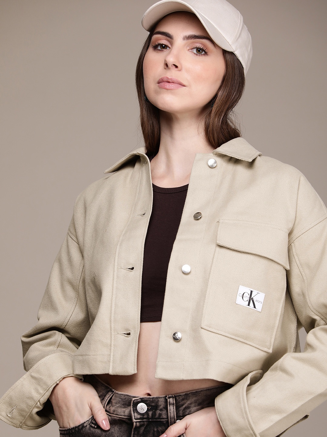 

Calvin Klein Jeans Pure Cotton Solid Crop Tailored Jacket, Beige