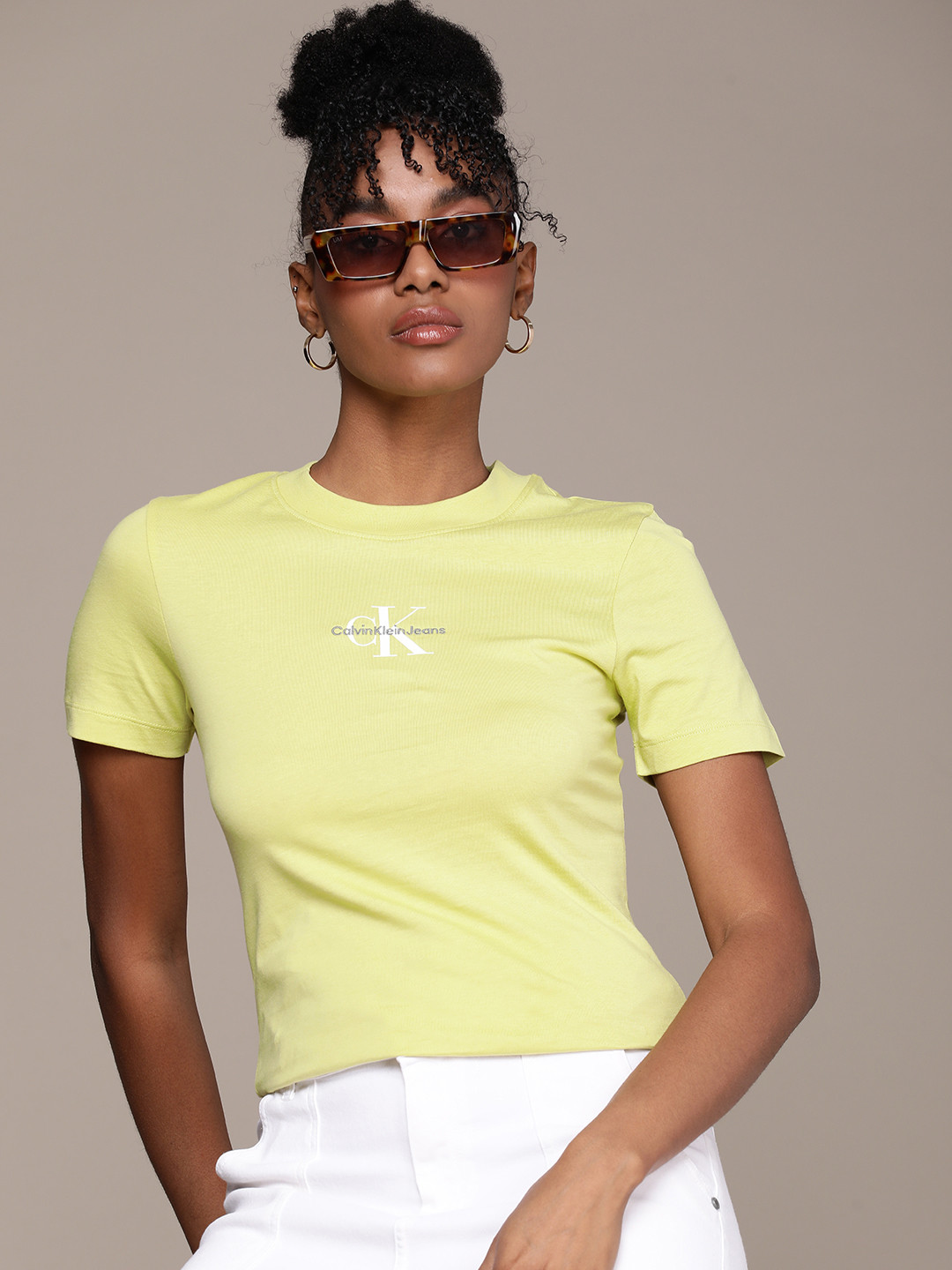 

Calvin Klein Jeans Brand Logo Printed & Embroidered Pure Cotton Slim Fit T-shirt, Yellow