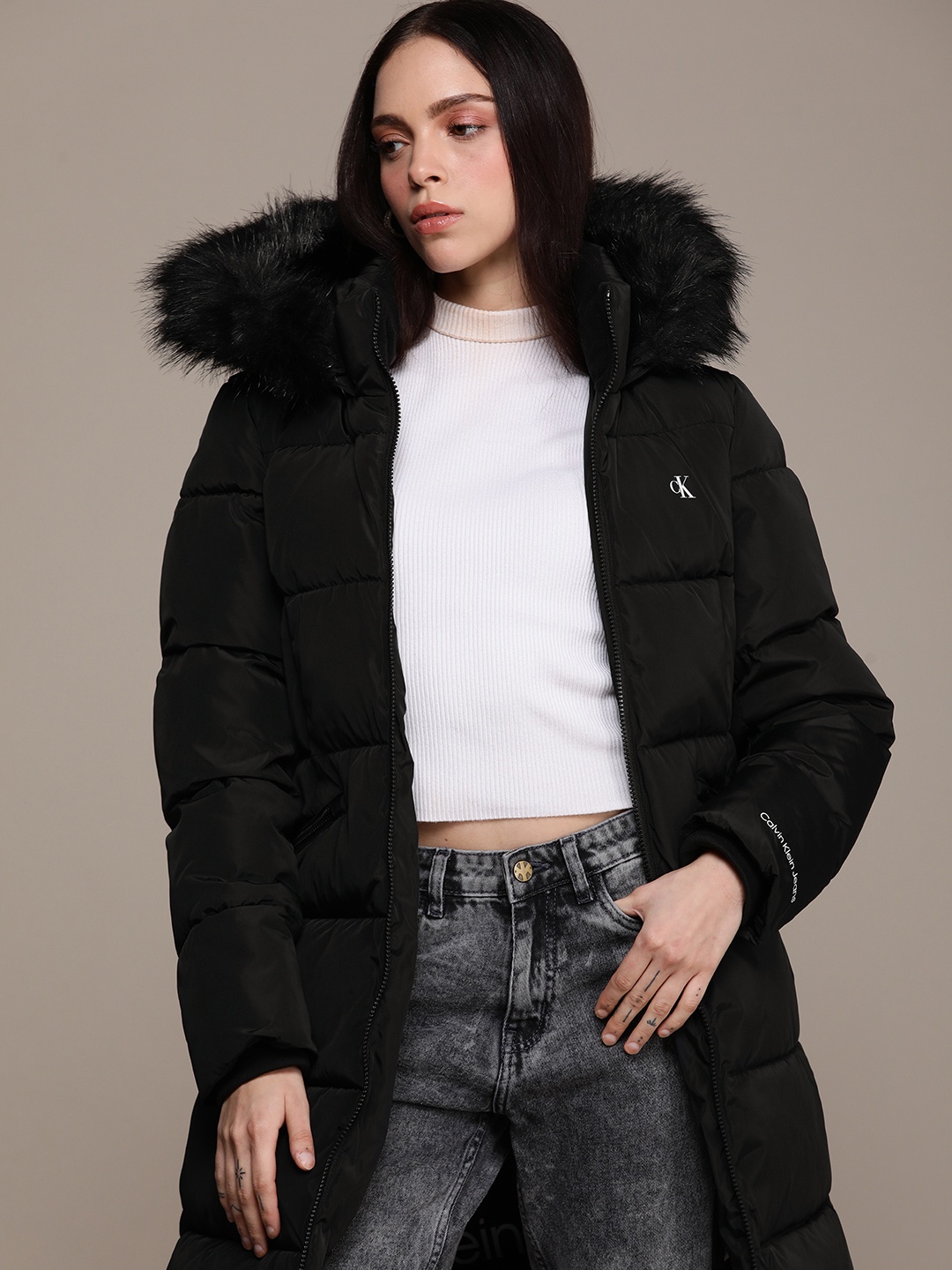 

Calvin Klein Jeans Printed Detail Hooded Parka Jacket, Black
