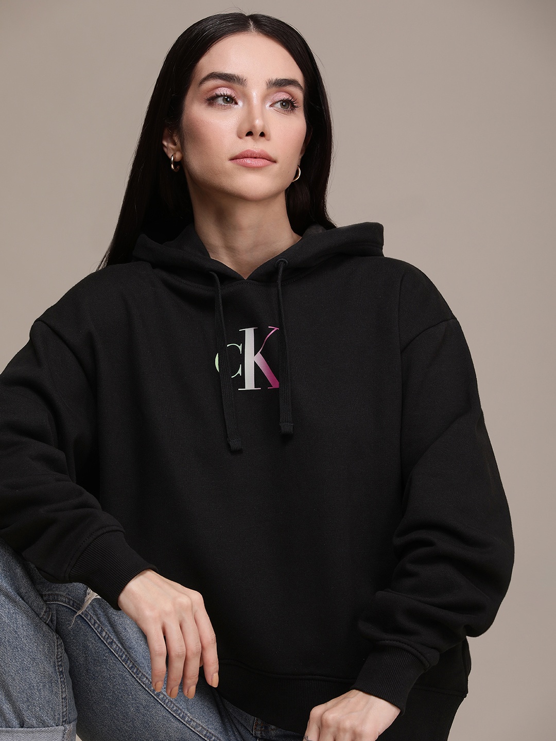 

Calvin Klein Jeans Brand Logo Printed Hooded Sweatshirt, Black