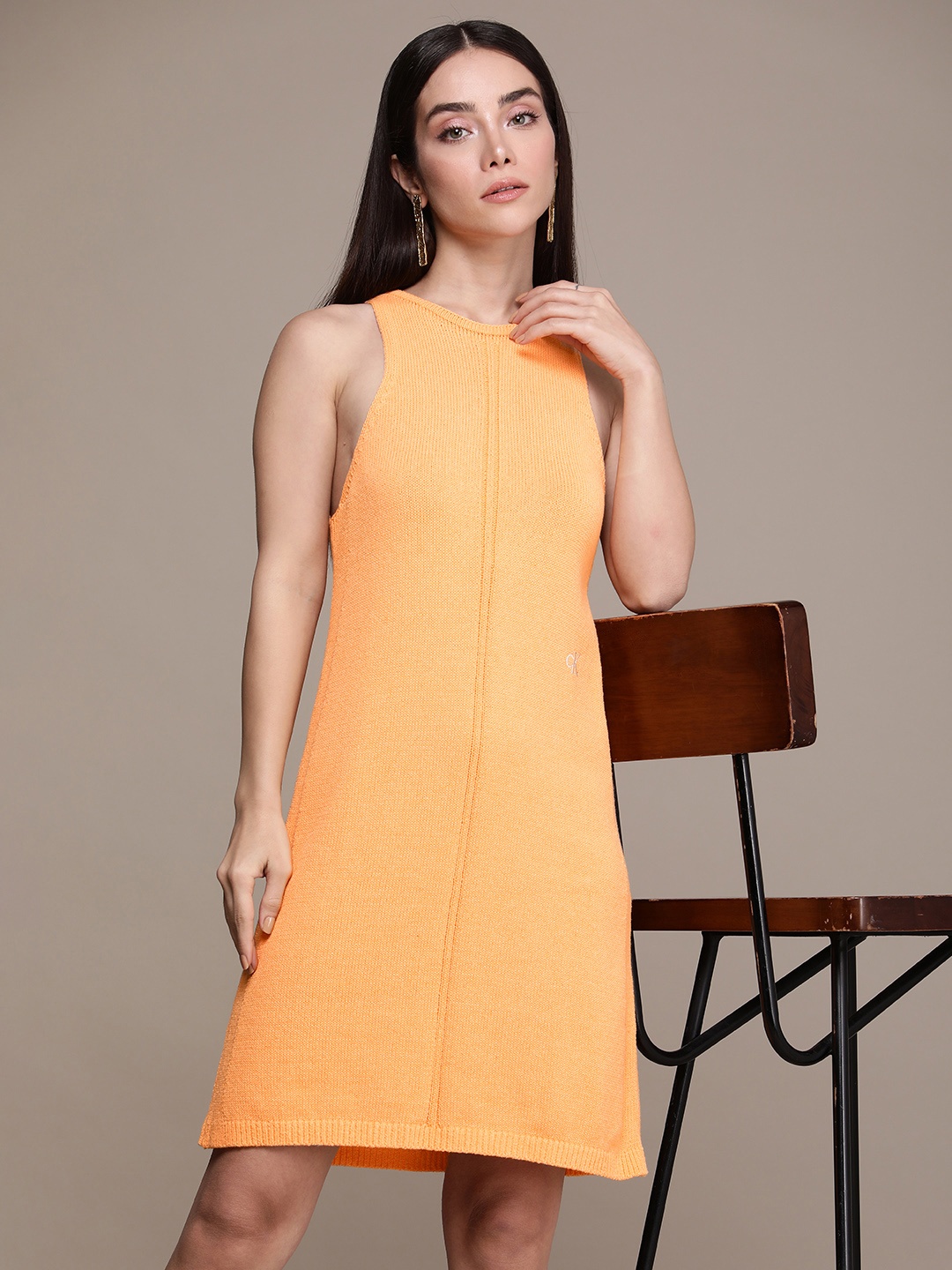 

Calvin Klein Jeans Round Neck Self-Design Sleeveless Jumper Dress, Orange