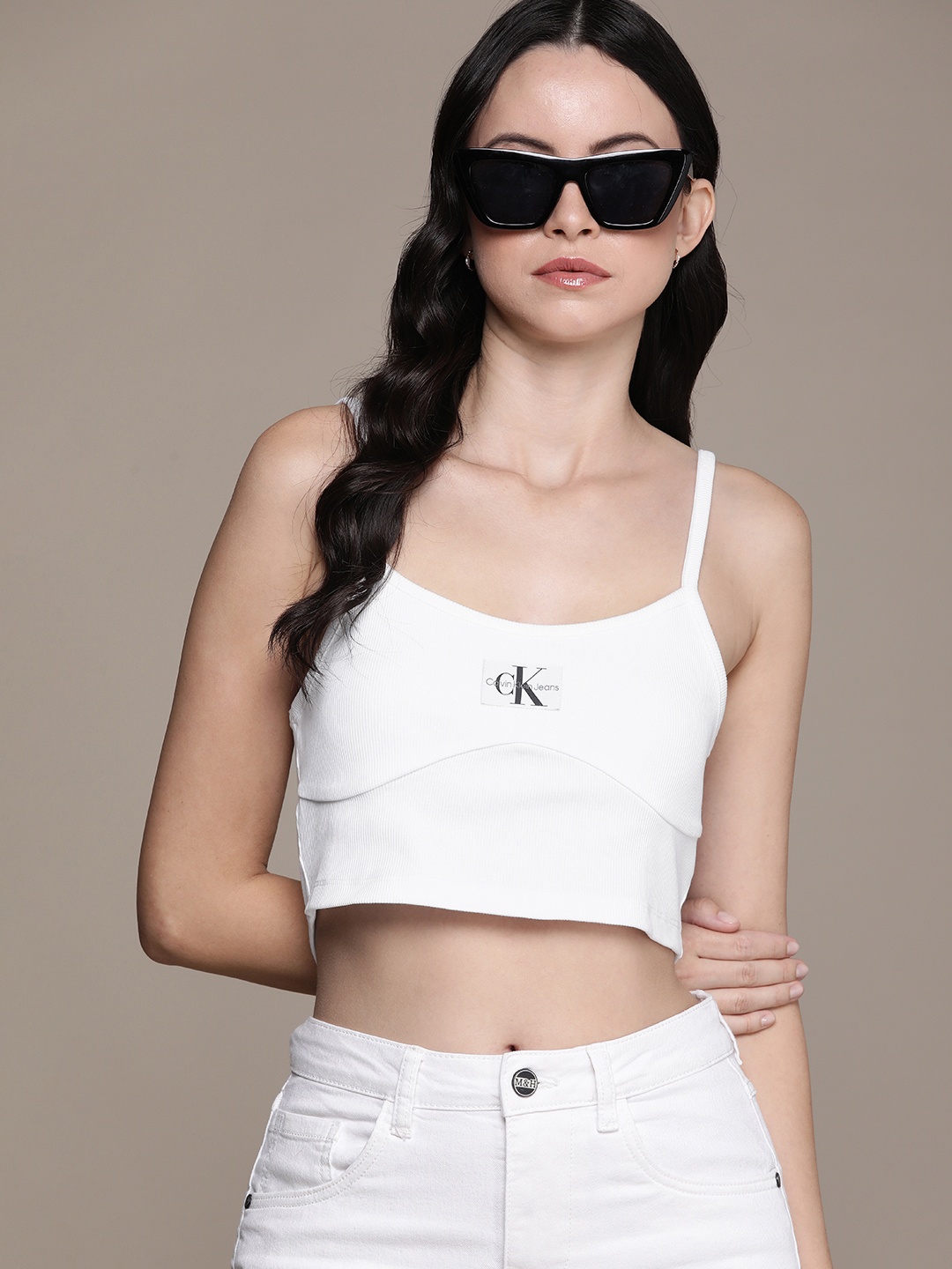 

Calvin Klein Jeans Pure Cotton Fitted Shoulder Straps Crop Top, White