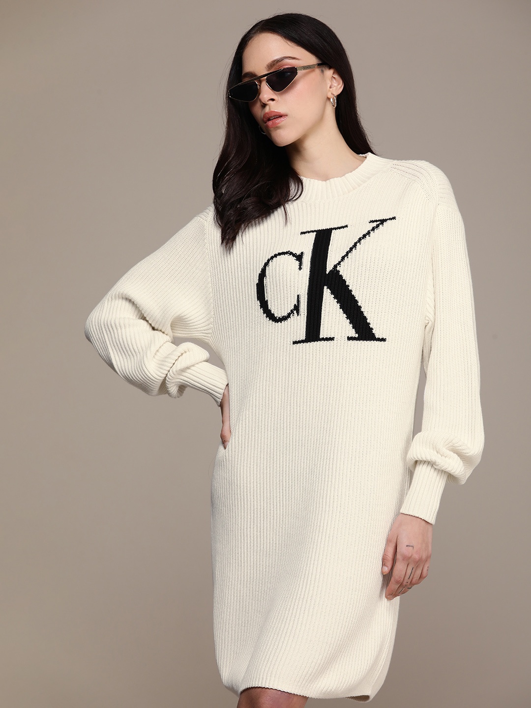 

Calvin Klein Jeans Brand Logo Self Design Pure Cotton Loose Jumper Dress, Off white