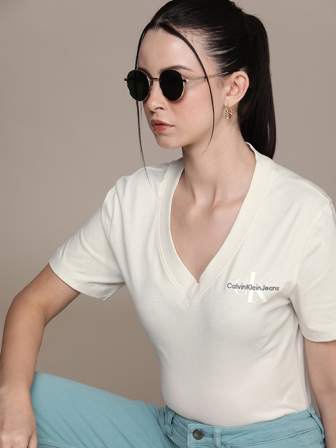 

Calvin Klein Jeans Brand Logo Printed & Embroidered V-Neck Pure Cotton Slim Fit T-shirt, Beige