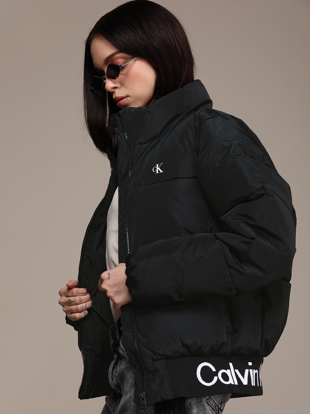 

Calvin Klein Jeans Solid Mock-collar Puffer Jacket, Black