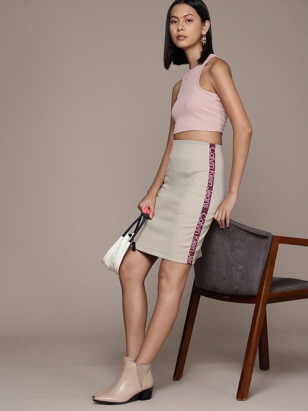 

Calvin Klein Jeans Ribbed Detail Straight Skirt, Beige