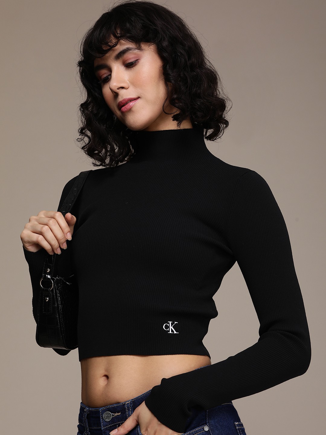 

Calvin Klein Jeans High Neck Ribbed Crop T-shirt, Black
