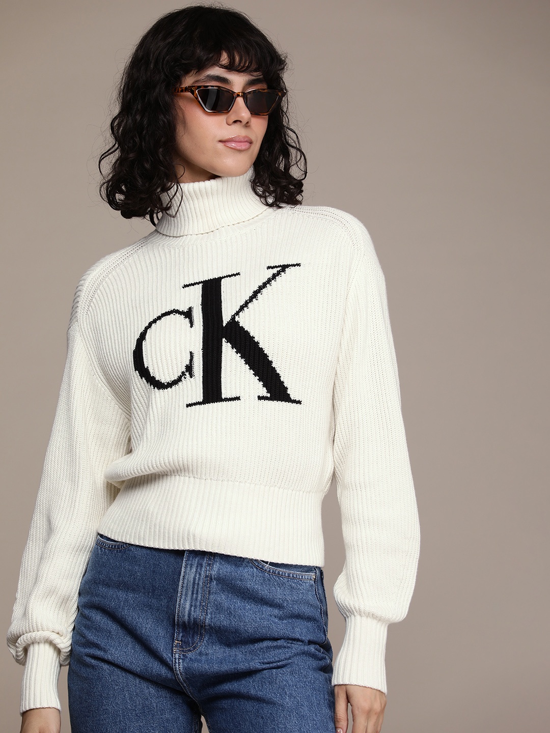 

Calvin Klein Jeans Brand Logo Self-Design Cotton Pullover Sweater, White