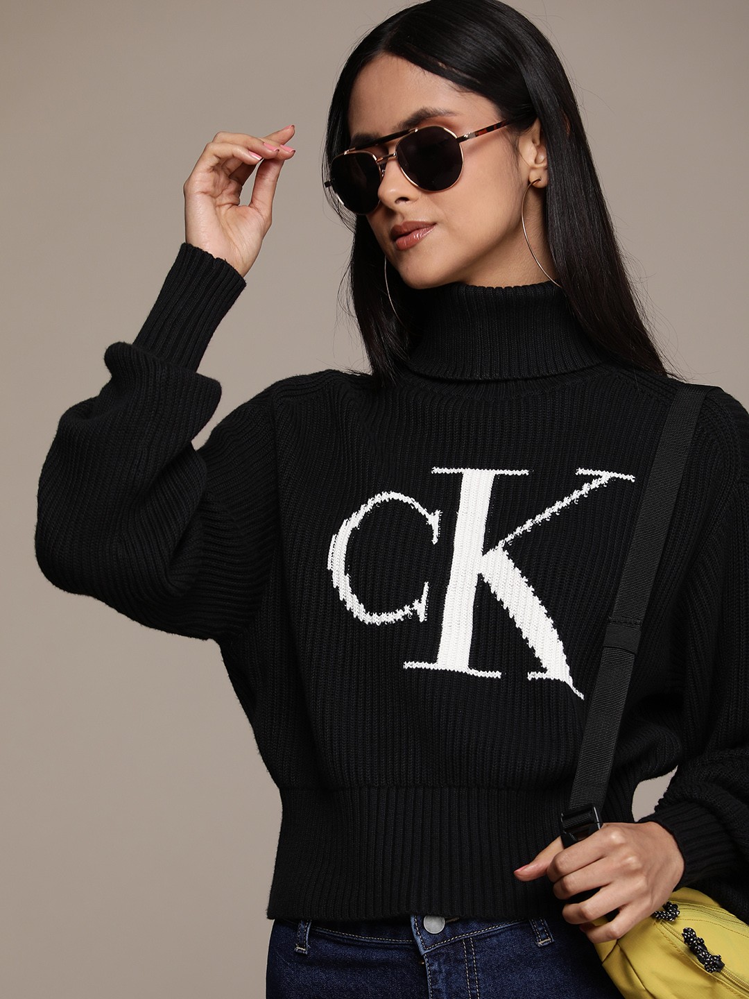 

Calvin Klein Jeans Turtle Neck Brand Logo Self-Design Ribbed Cotton Pullover, Black