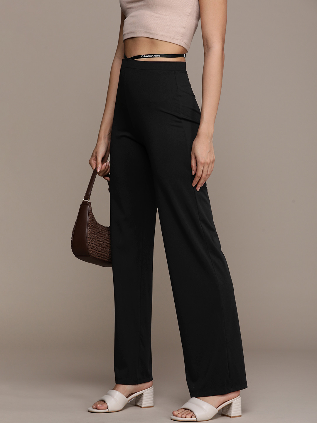 

Calvin Klein Jeans Women Solid Loose Fit Trousers With Strap Detail, Black