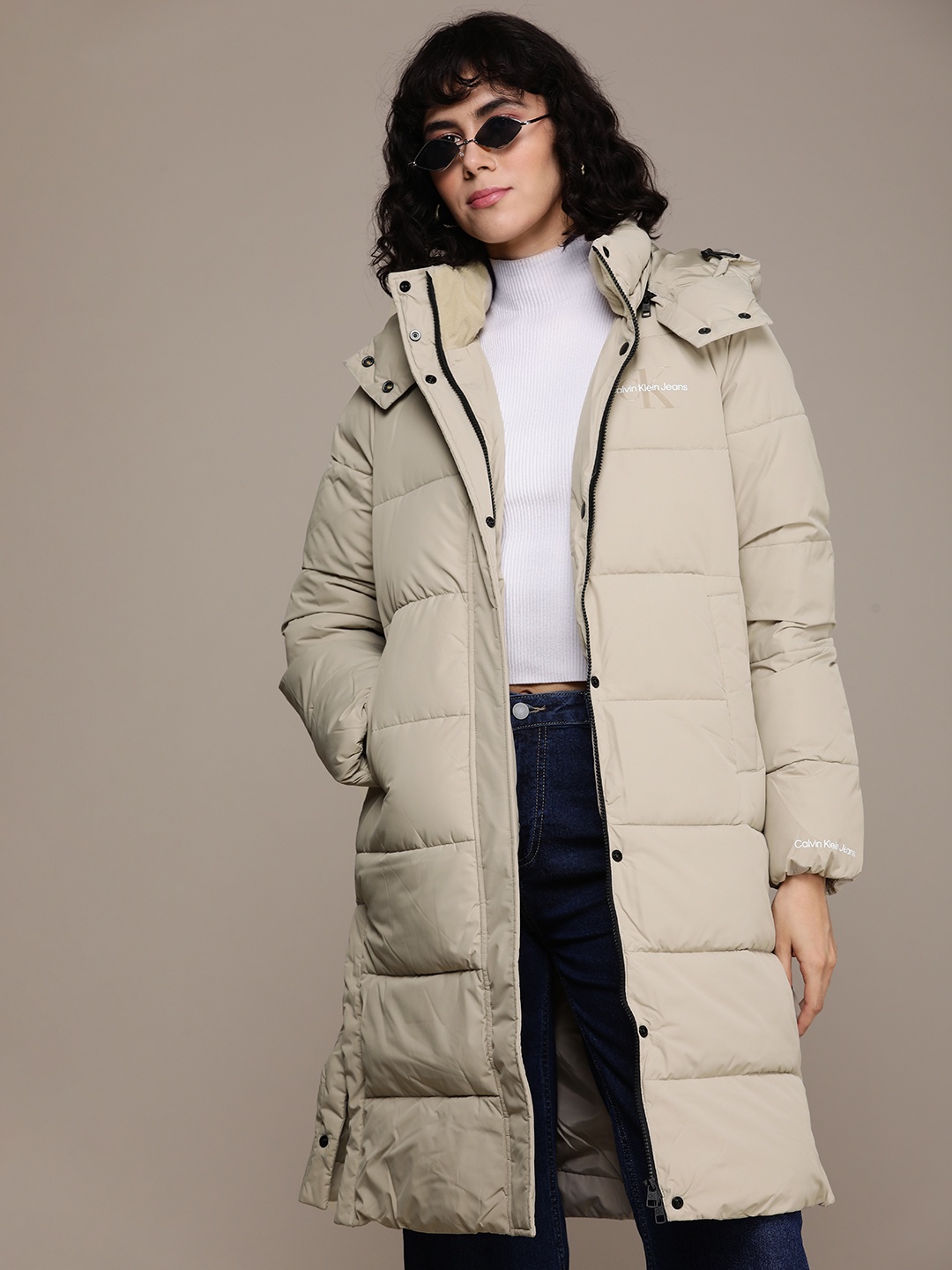 

Calvin Klein Jeans Brand Logo Printed Longline Hooded Puffer Jacket, Taupe