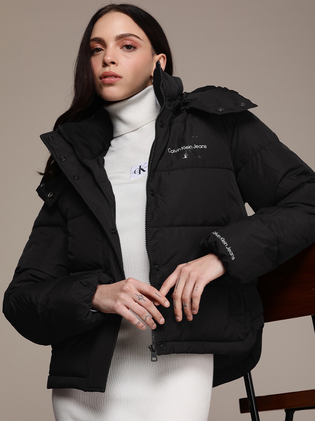 

Calvin Klein Jeans Printed Detail Hooded Padded Jacket, Black