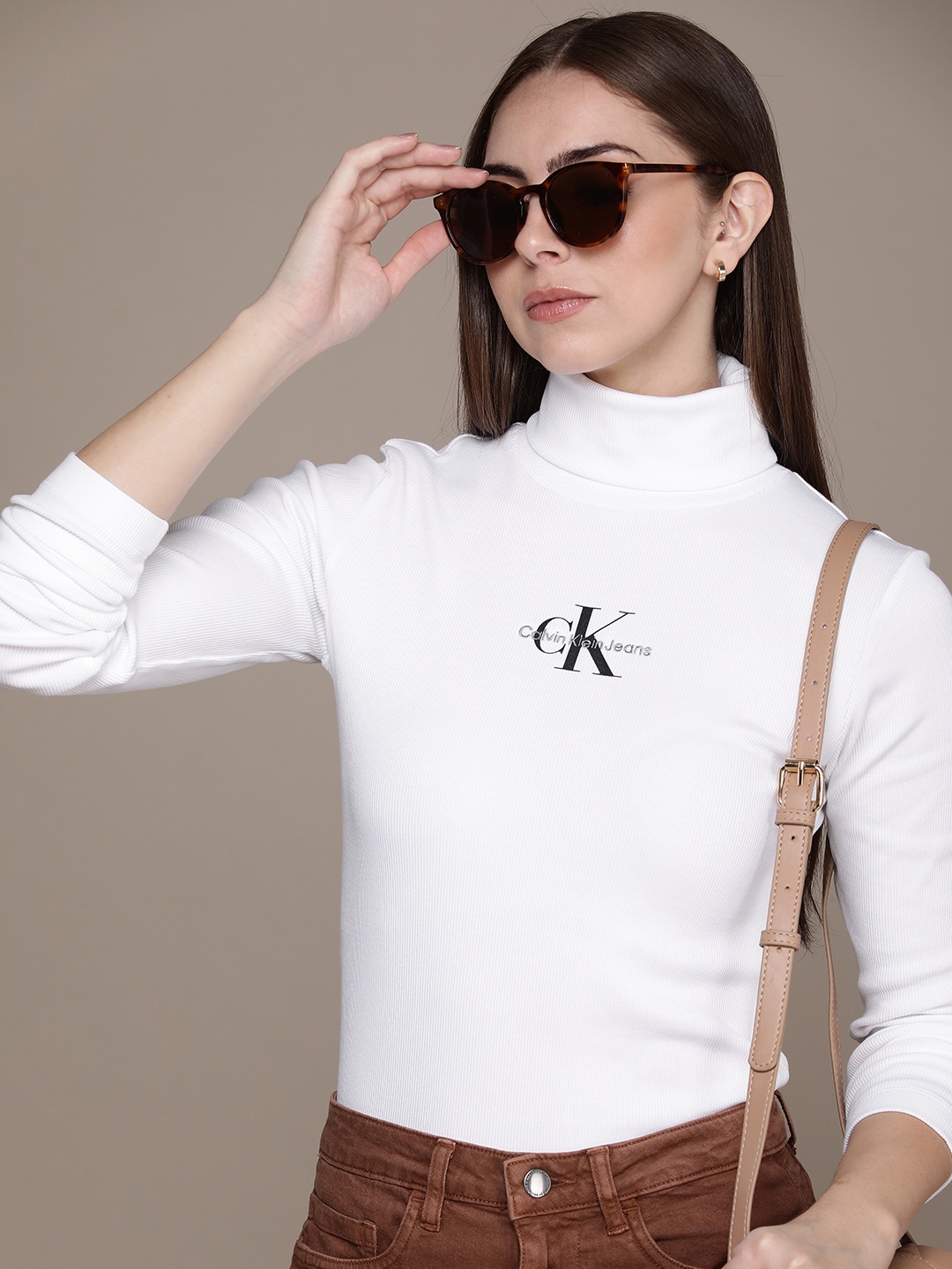 

Calvin Klein Jeans Brand Logo Embroidered High-Neck Ribbed Top, White