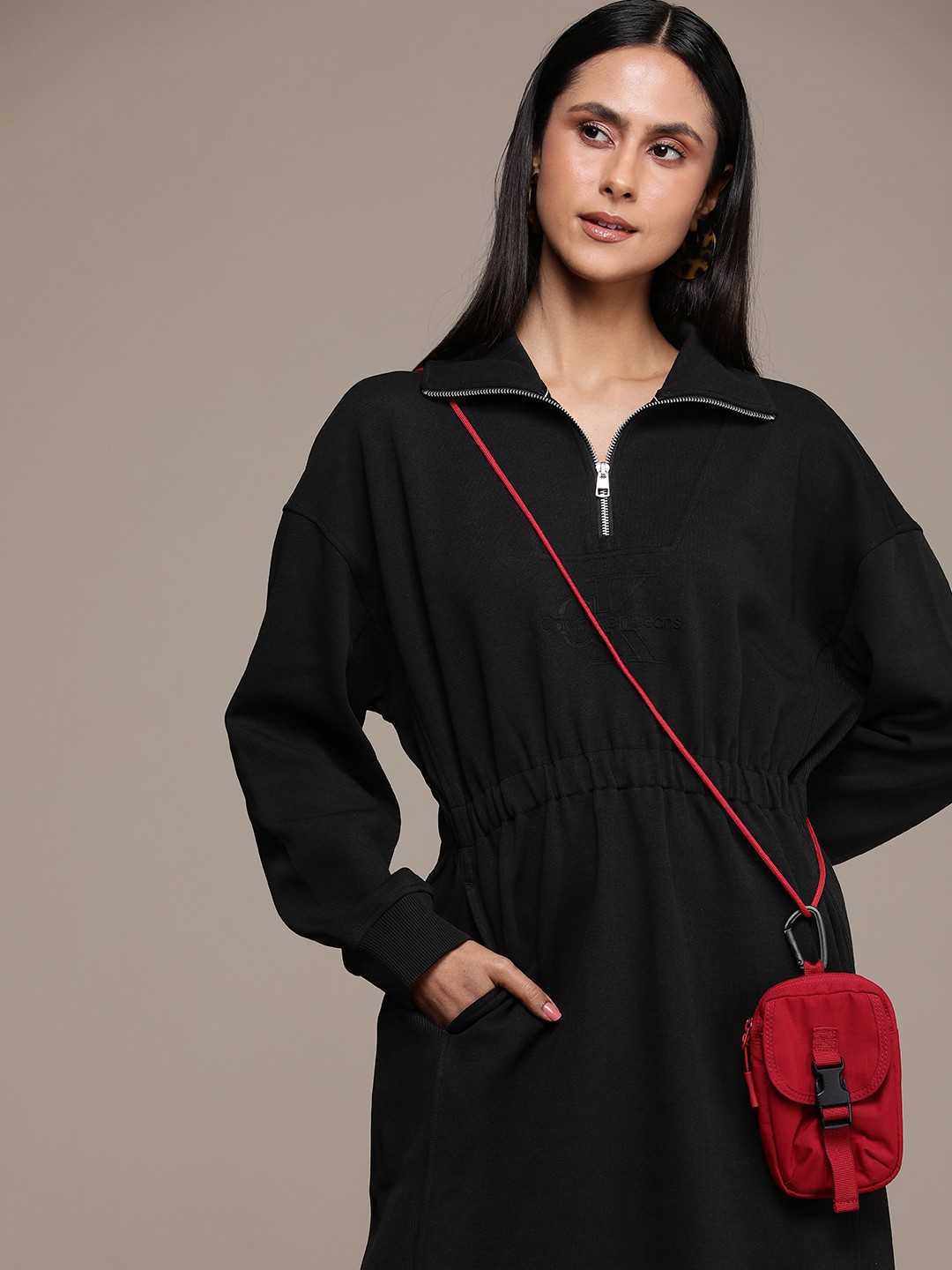 

Calvin Klein Jeans Brand Logo Embossed Fit & Flare Dress, Black