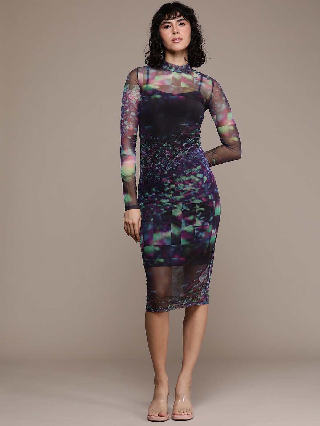 

Calvin Klein Jeans Printed Sheer Bodycon Midi Dress Comes With An Inner Slip, Multi