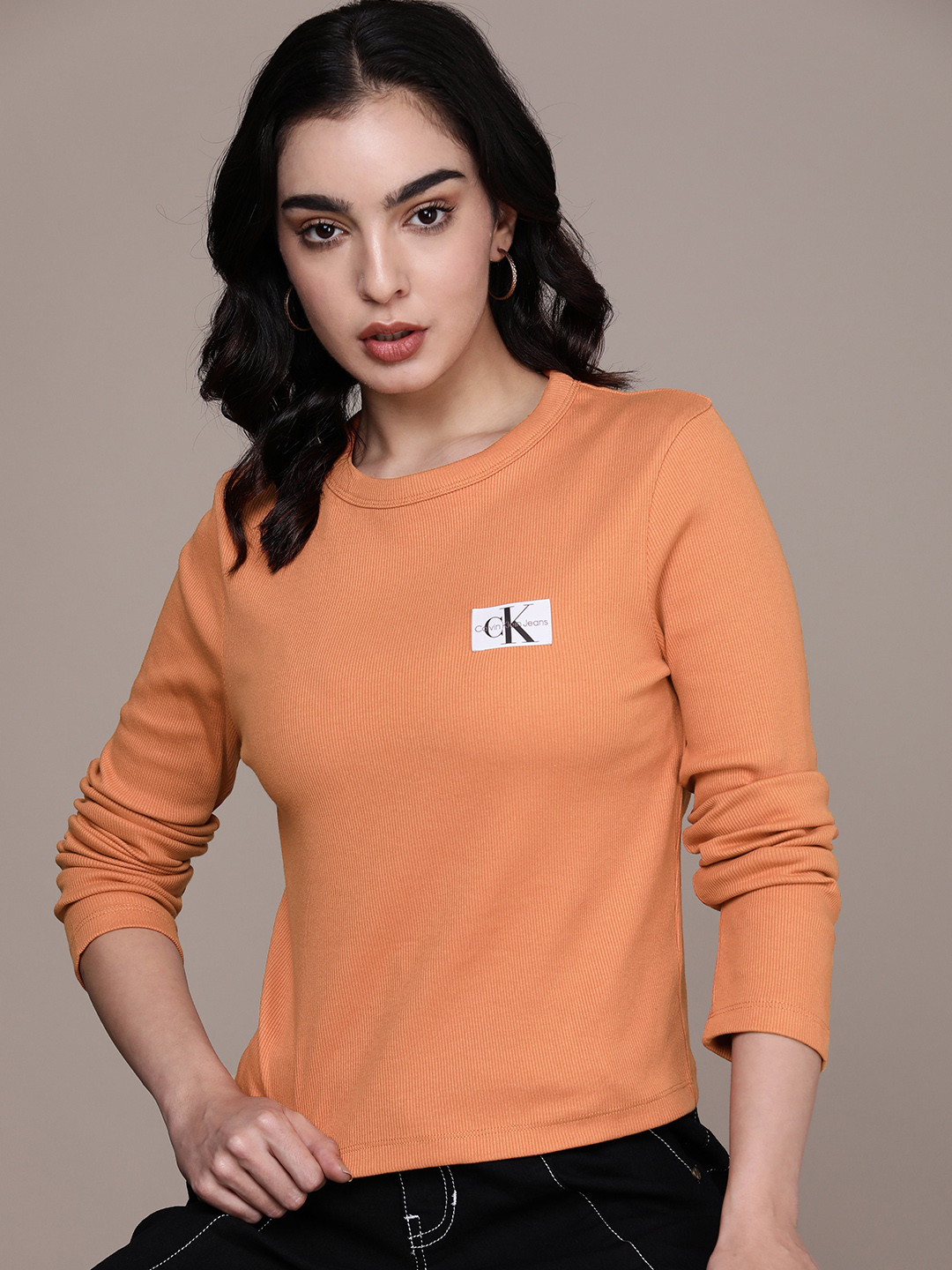 

Calvin Klein Jeans Round Neck Applique Detail Ribbed Slim Fit T-shirt, Orange