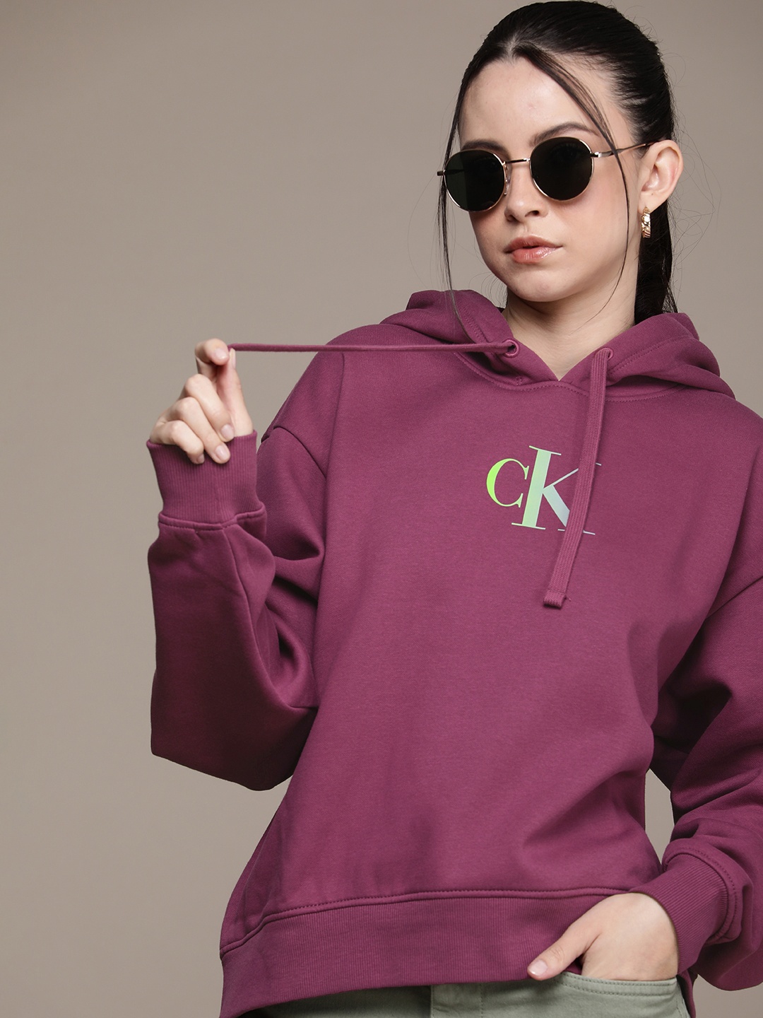 

Calvin Klein Jeans Brand Logo Printed Long Sleeves Hooded Casual Sweatshirt, Magenta