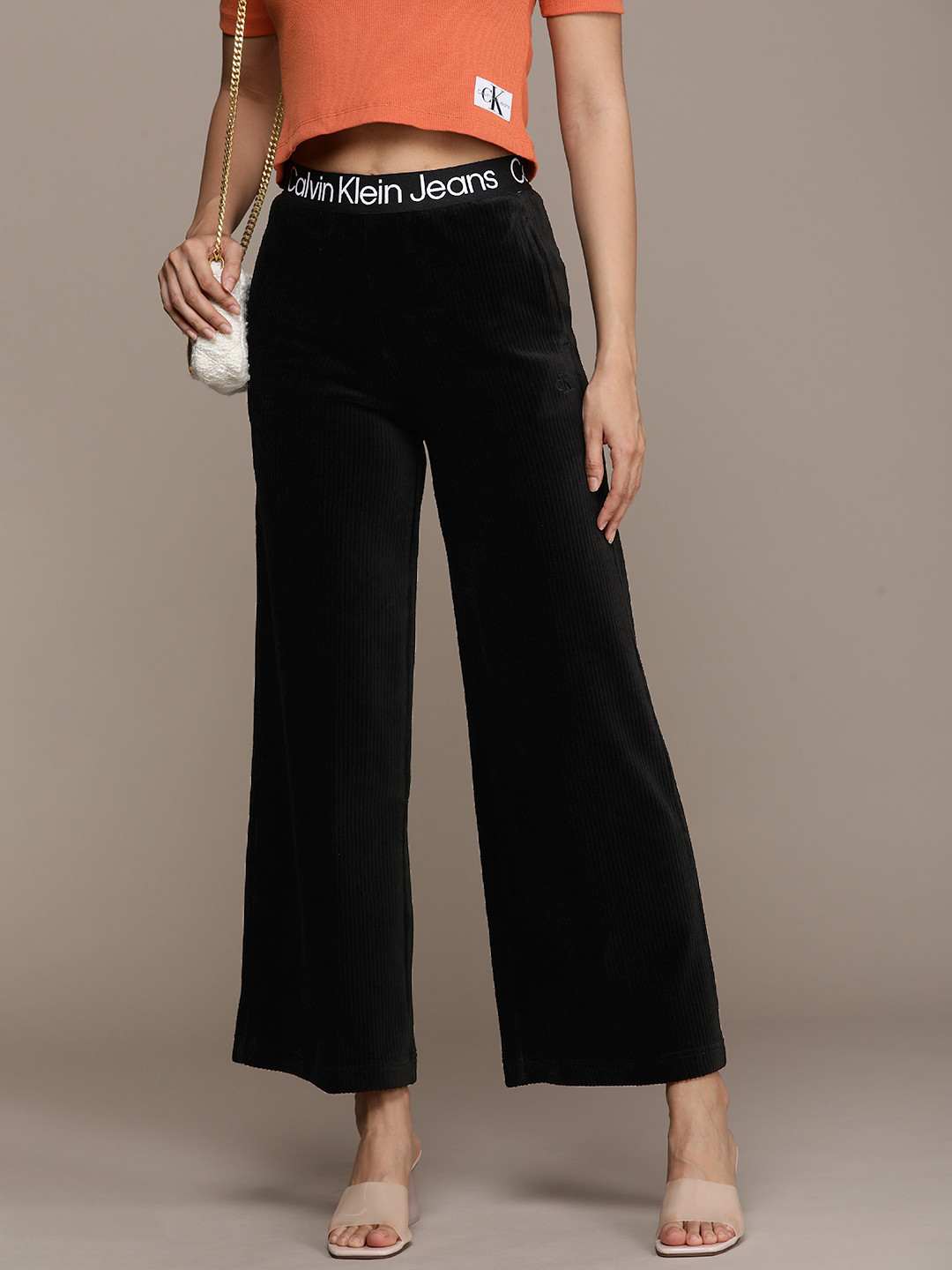 

Calvin Klein Jeans Women Ribbed Knitted Loose Fit Trousers, Black