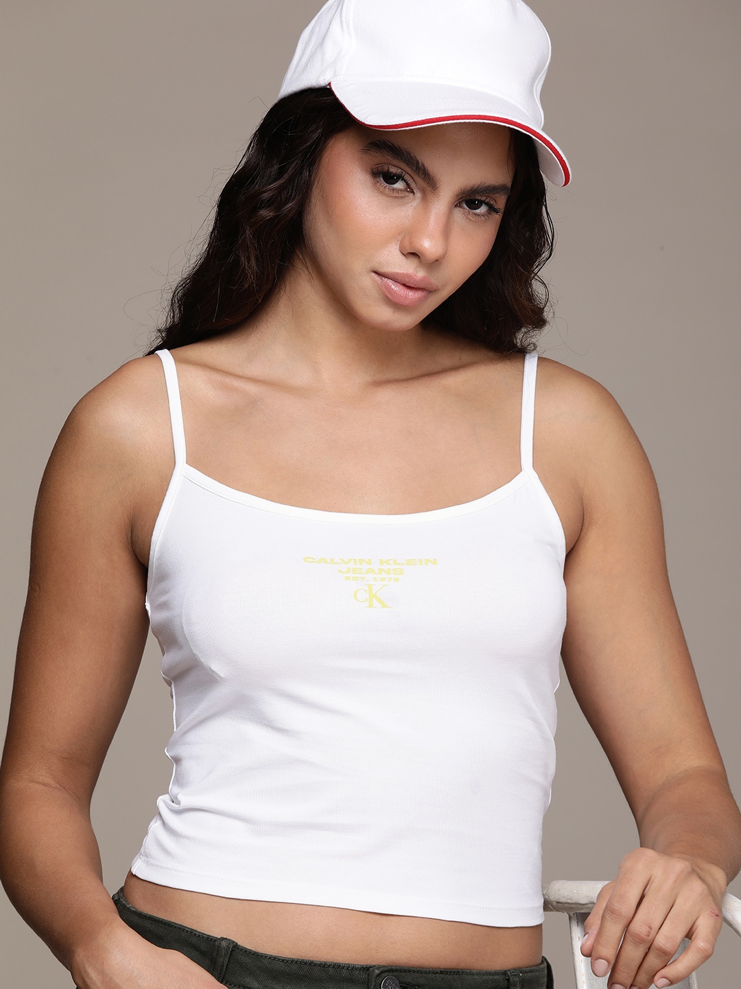 

Calvin Klein Jeans Shoulder Straps Minimal Brand Logo Print Detail Crop Top, White