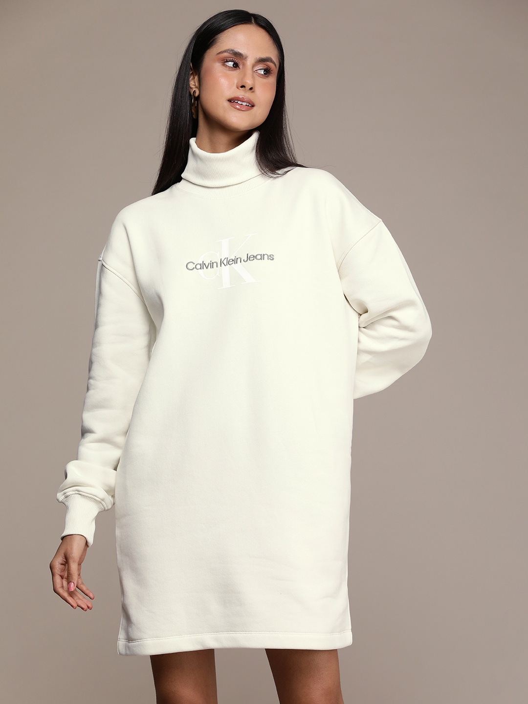 

Calvin Klein Jeans Turtle Neck Brand Logo Printed Jumper Dress, Off white