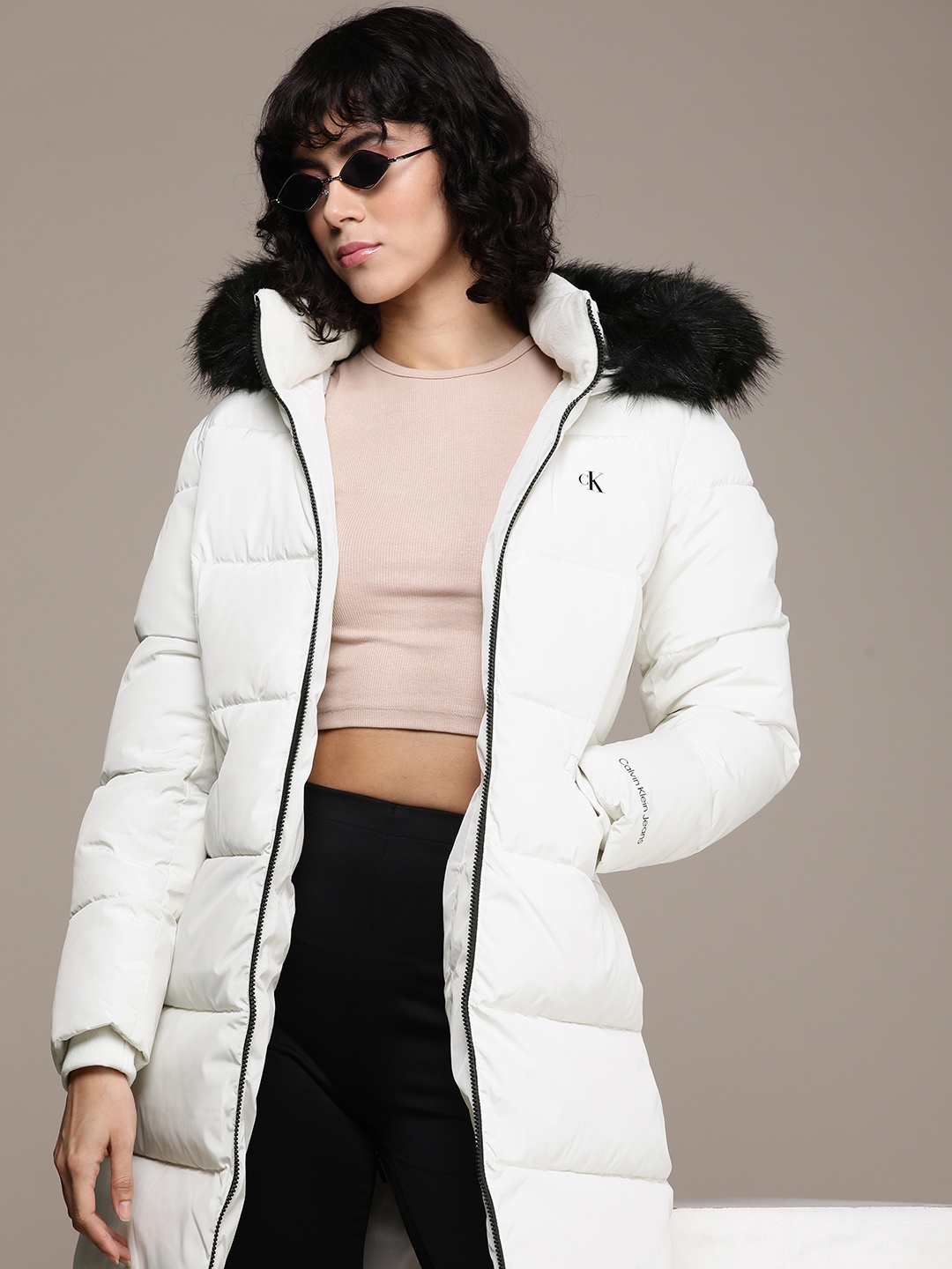 

Calvin Klein Jeans Solid Faux Fur Hooded Longline Puffer Jacket, White