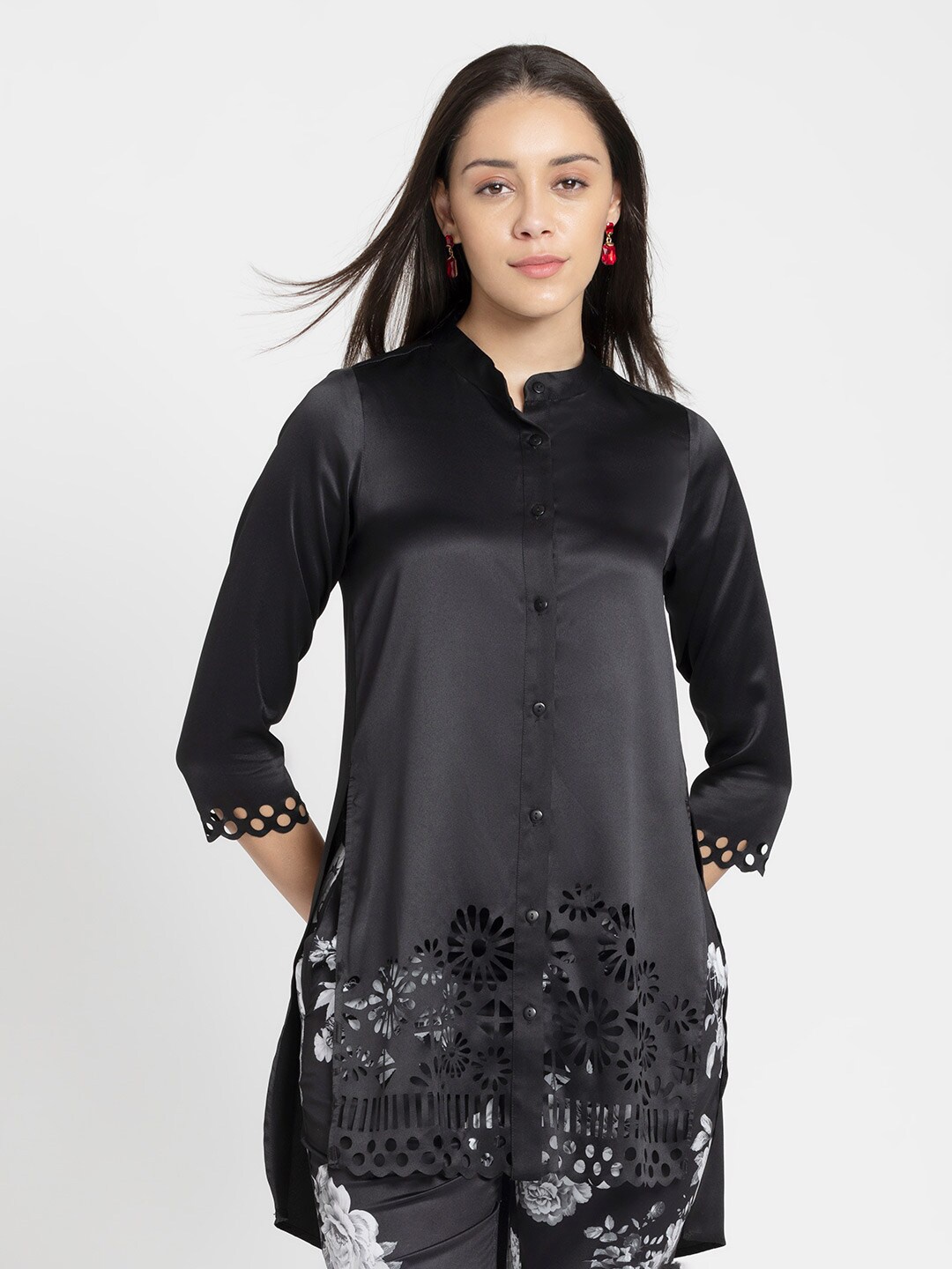 

SHAYE Floral Self Design Tunic, Black